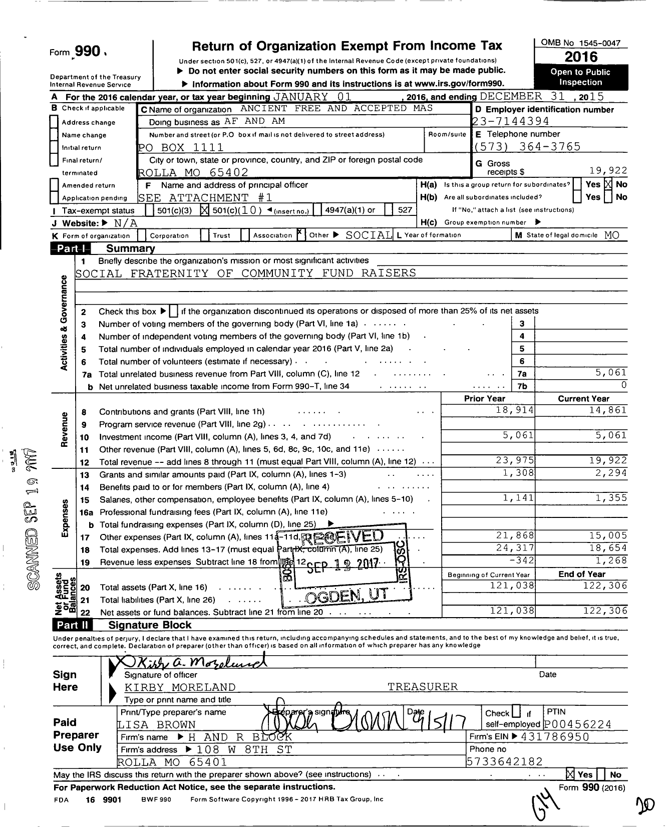 Image of first page of 2015 Form 990O for Ancient Free and Accepted Masons of Missouri - 0213 Rolla Lodge