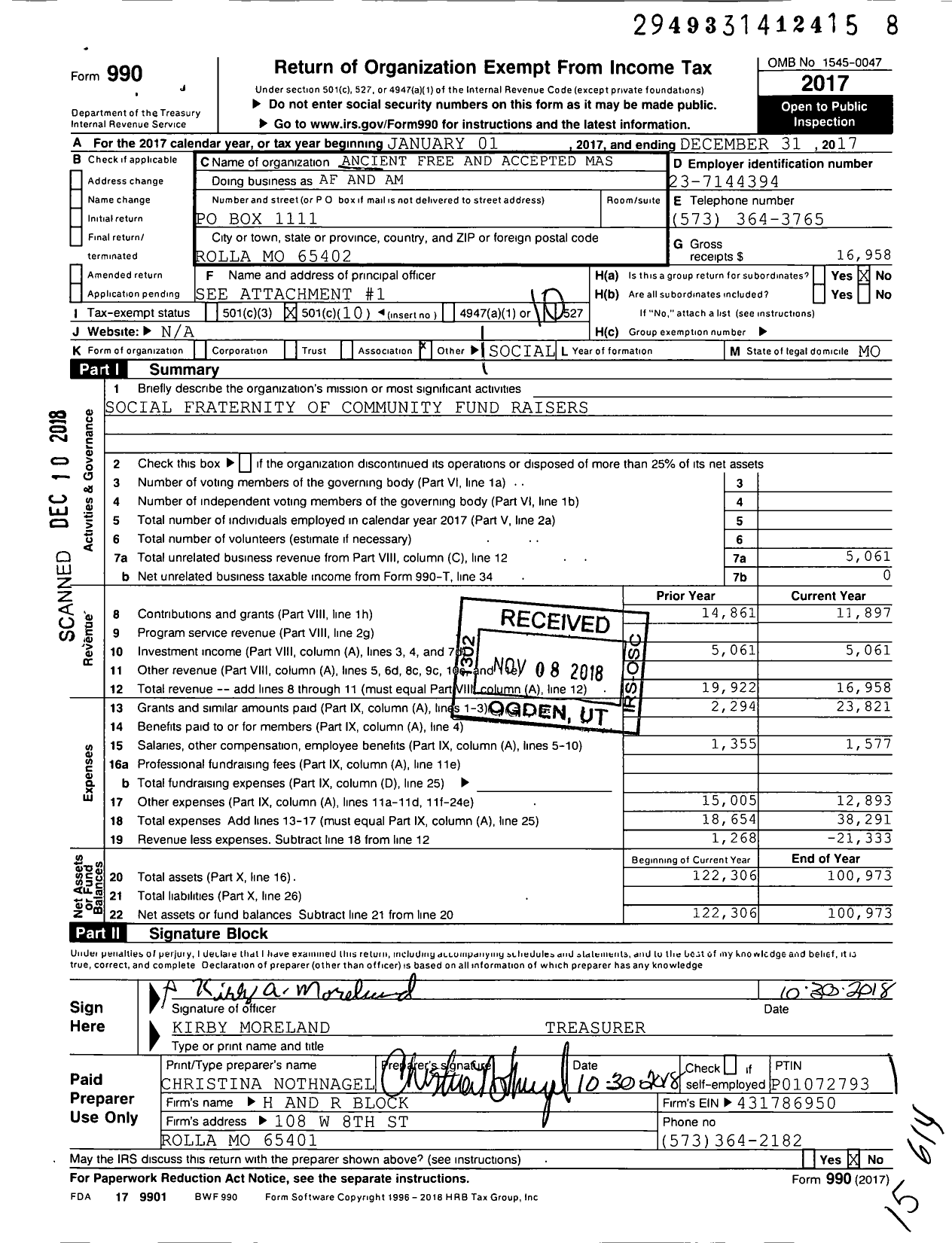 Image of first page of 2017 Form 990O for Ancient Free and Accepted Masons of Missouri - 0213 Rolla Lodge