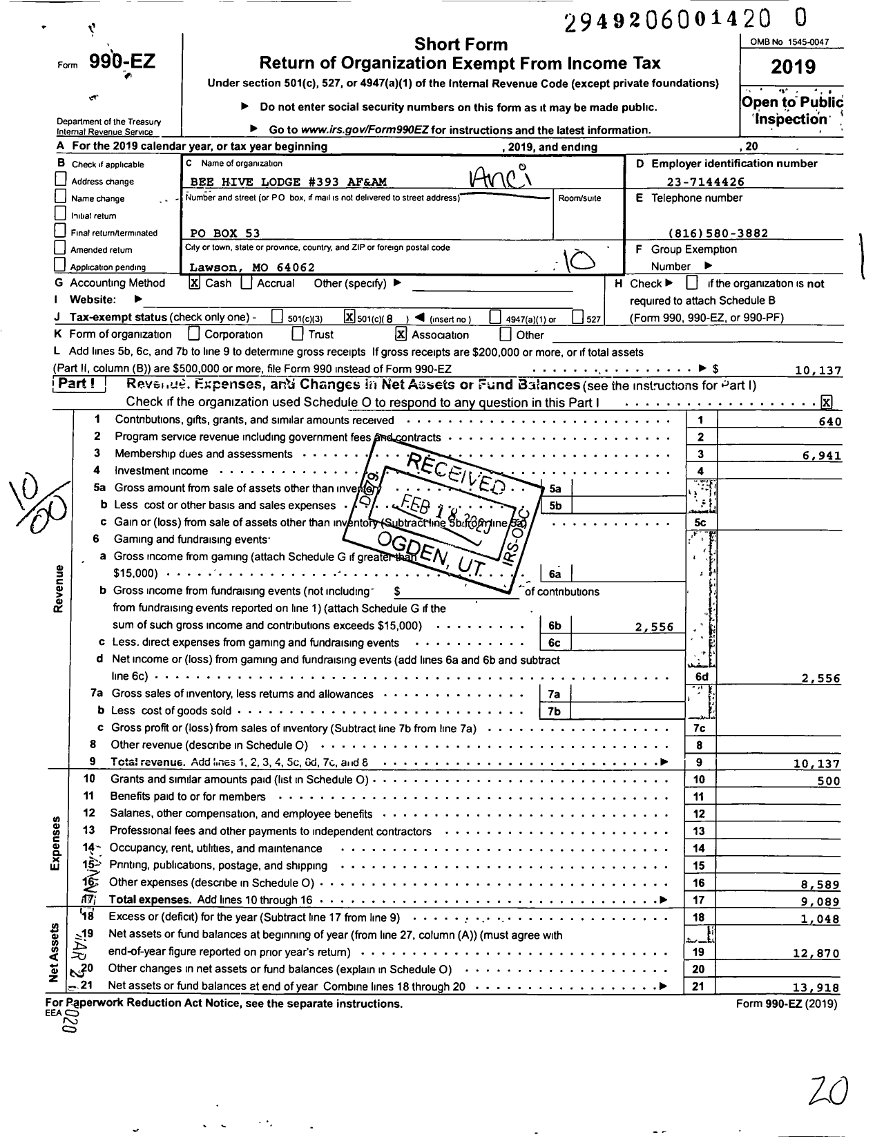 Image of first page of 2019 Form 990EO for Ancient Free and Accepted Masons of Missouri - 393 Bee Hive Lodge