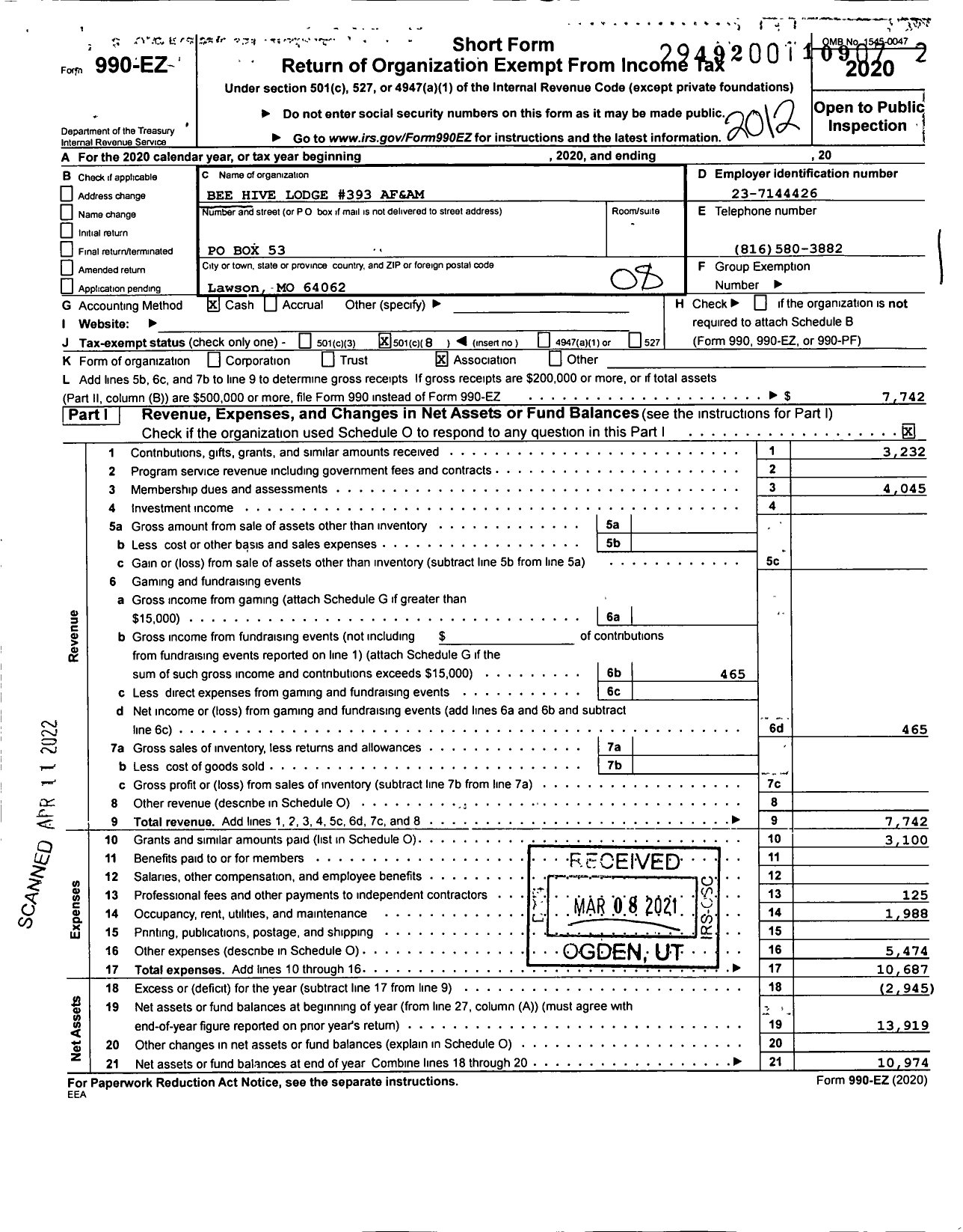 Image of first page of 2020 Form 990EO for Ancient Free and Accepted Masons of Missouri - 393 Bee Hive Lodge