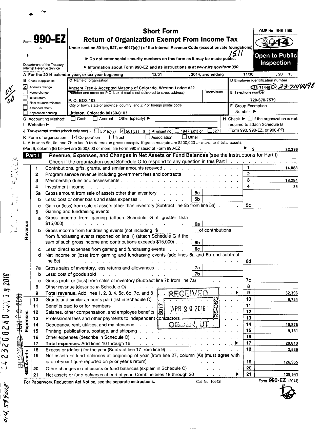 Image of first page of 2014 Form 990EO for Ancient Free and Accepted Masons of Colorado - 22 Weston