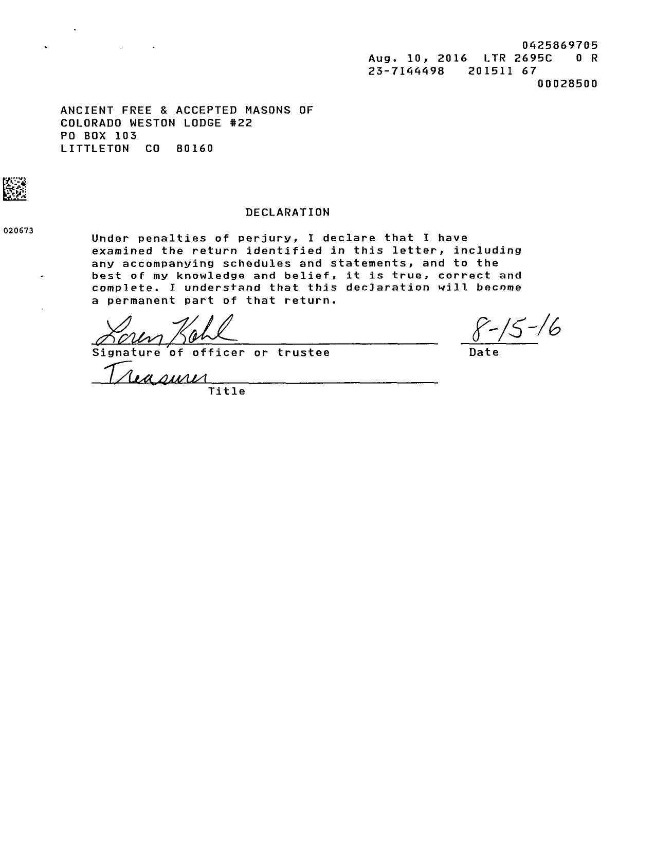 Image of first page of 2014 Form 990ER for Ancient Free and Accepted Masons of Colorado - 22 Weston