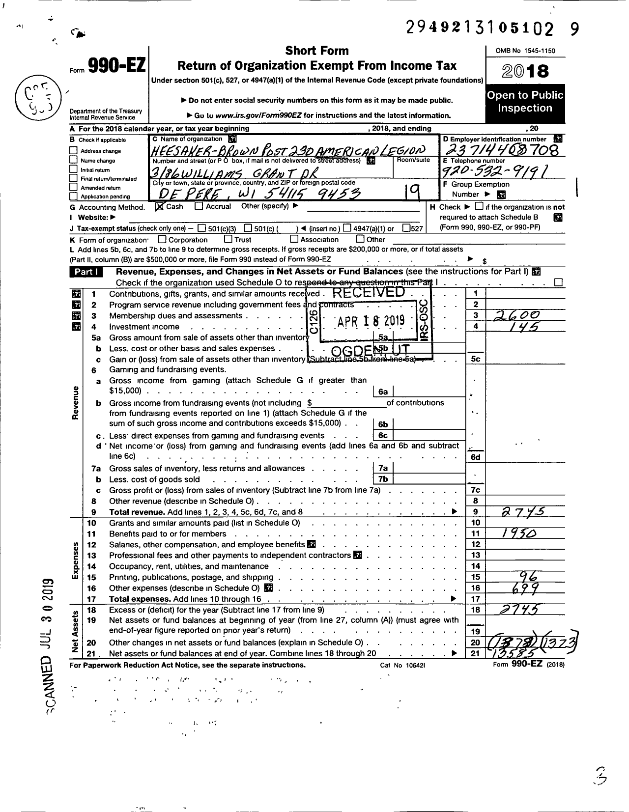 Image of first page of 2018 Form 990EO for American Legion - 0230 Heesaker-Brown