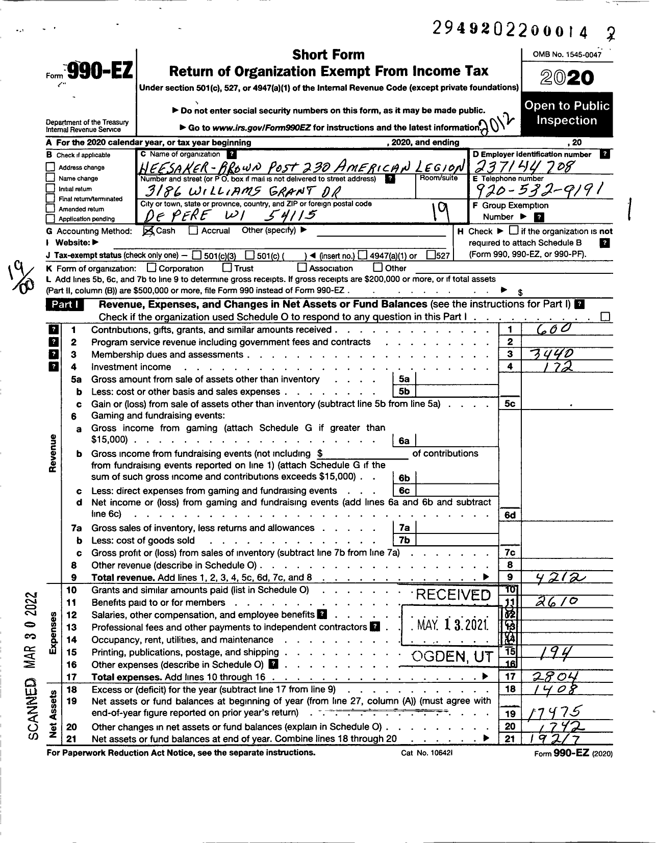 Image of first page of 2020 Form 990EO for American Legion - 0230 Heesaker-Brown