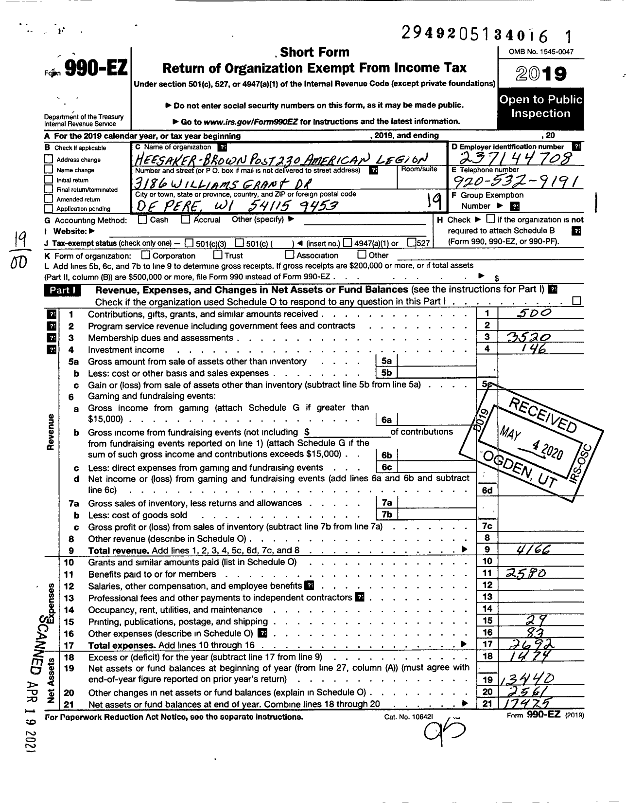 Image of first page of 2019 Form 990EO for American Legion - 0230 Heesaker-Brown