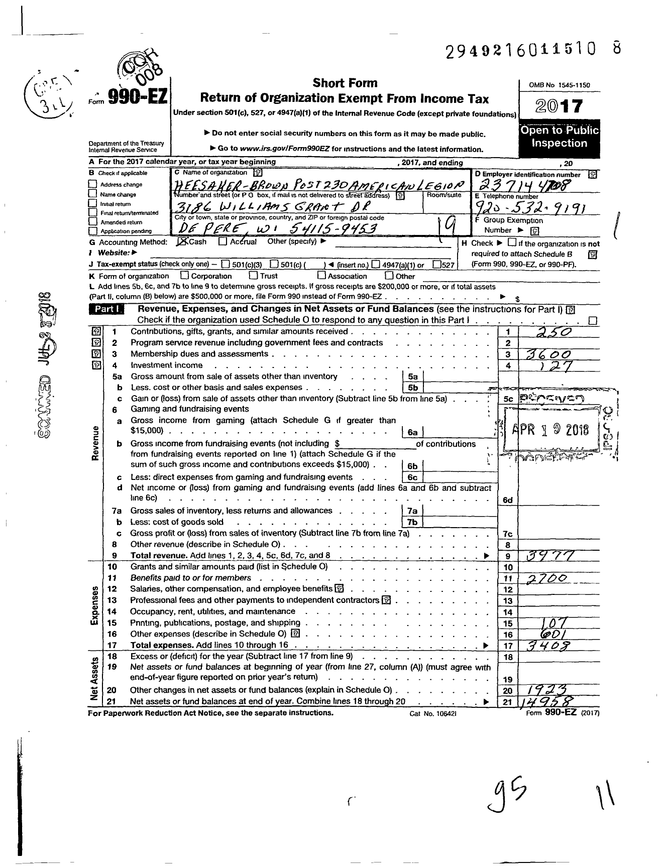 Image of first page of 2017 Form 990EO for American Legion - 0230 Heesaker-Brown