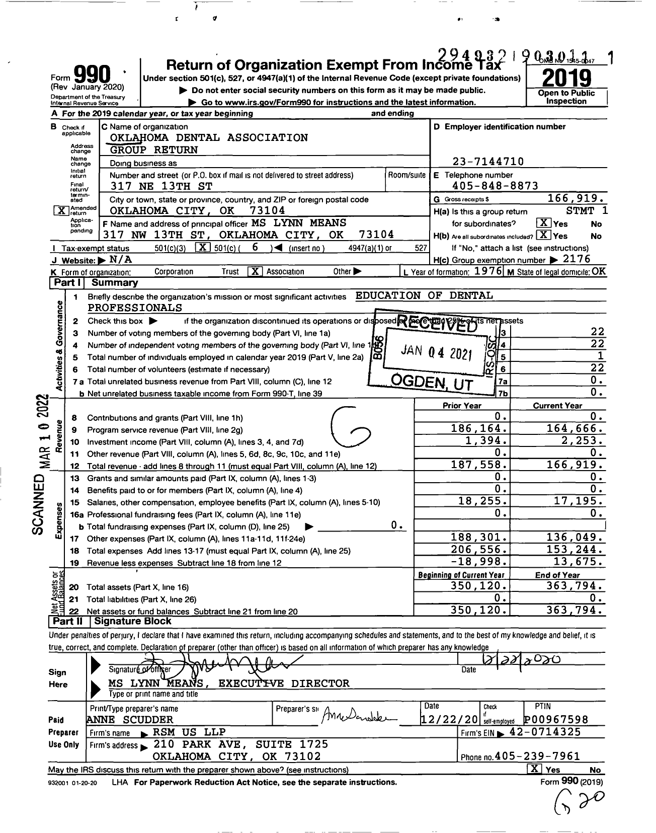 Image of first page of 2019 Form 990O for Oklahoma Dental Association Group Return