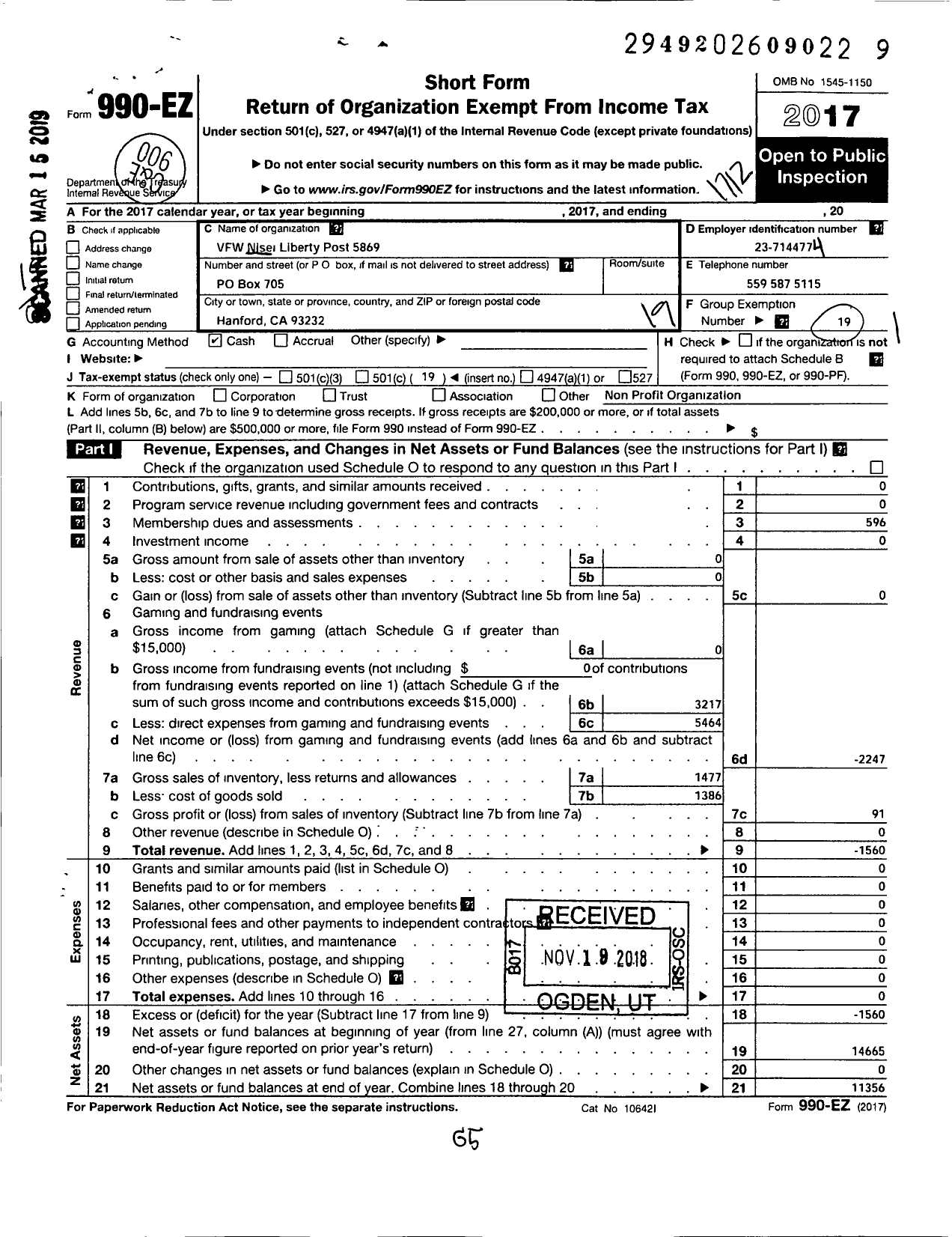 Image of first page of 2017 Form 990EO for Nisei Liberty Post 5869 Veterans of Foreign Wars