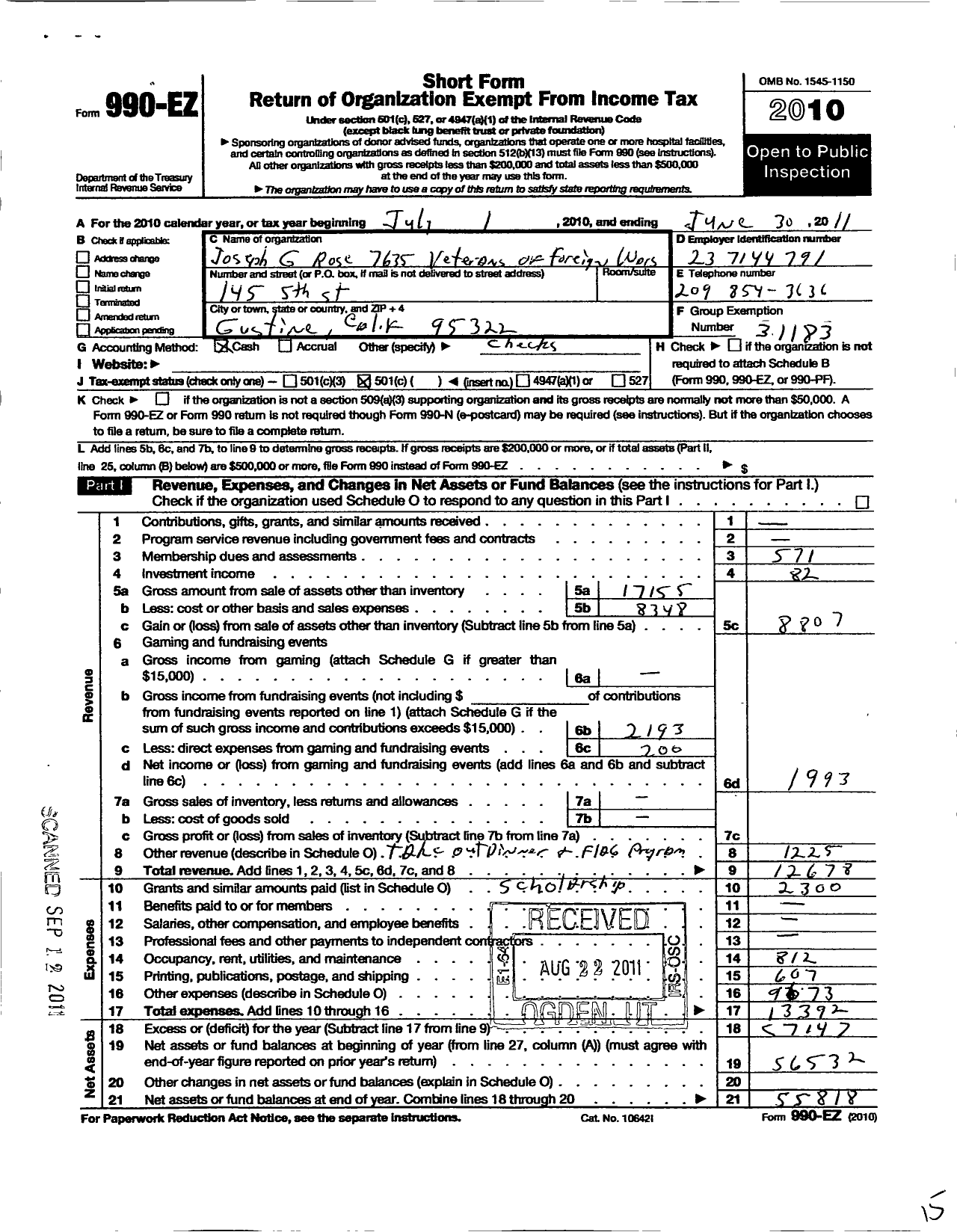 Image of first page of 2010 Form 990EO for VFW California Department - 7635 Joseph G Rose