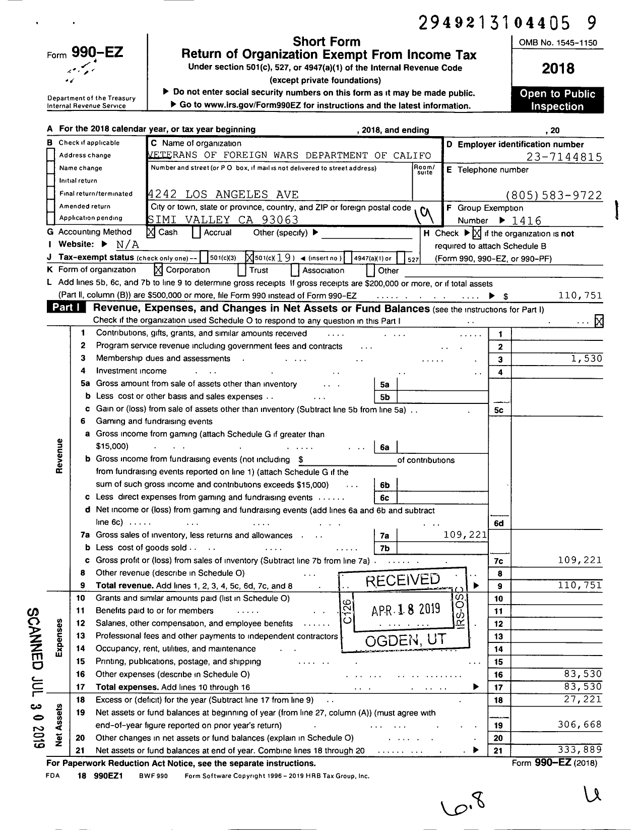 Image of first page of 2018 Form 990EO for VFW California Department - 10449 Simi Valley