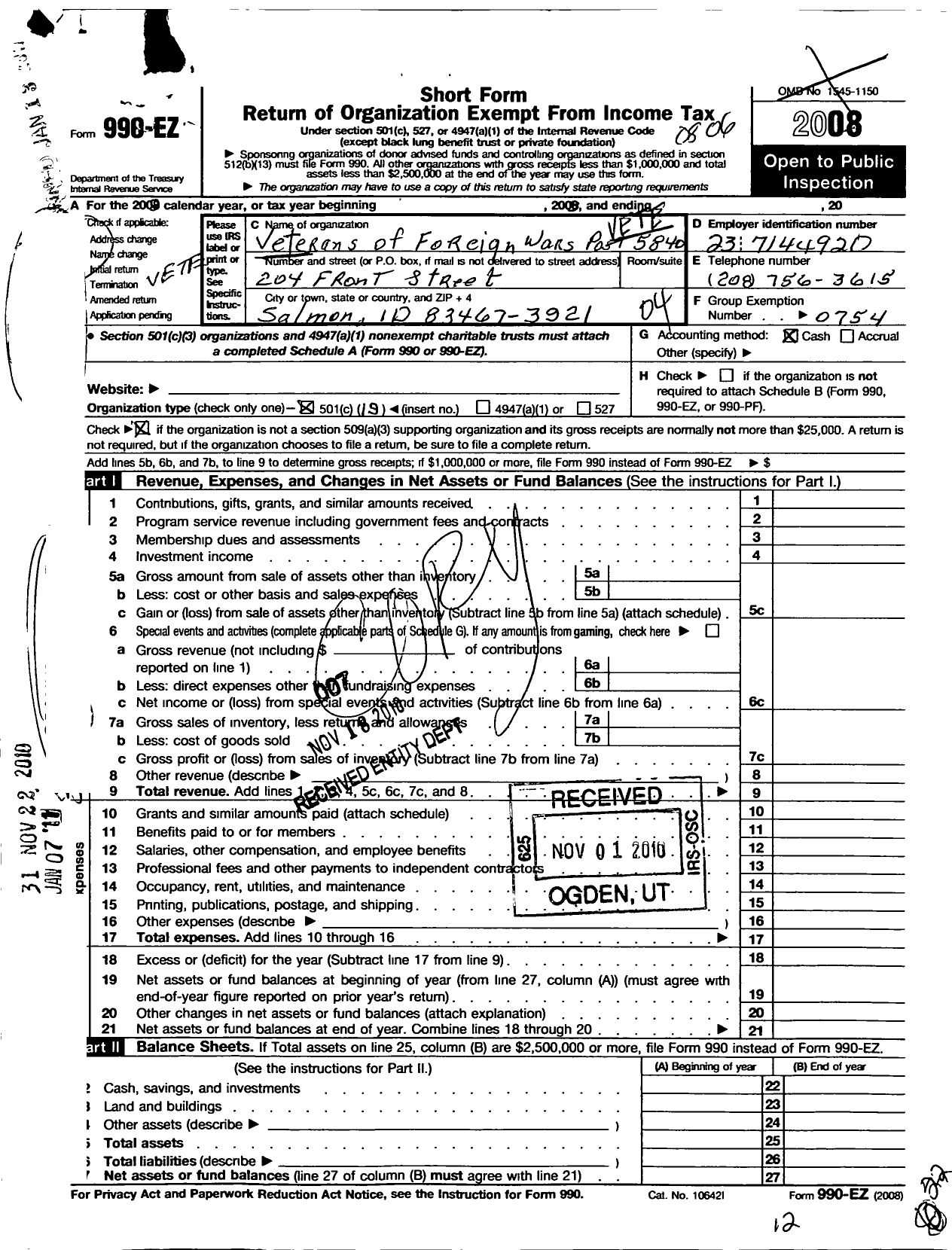 Image of first page of 2008 Form 990EO for Veterans of Foreign Wars of the United States Dept of Idaho - 5840 Salmon River VFW Post