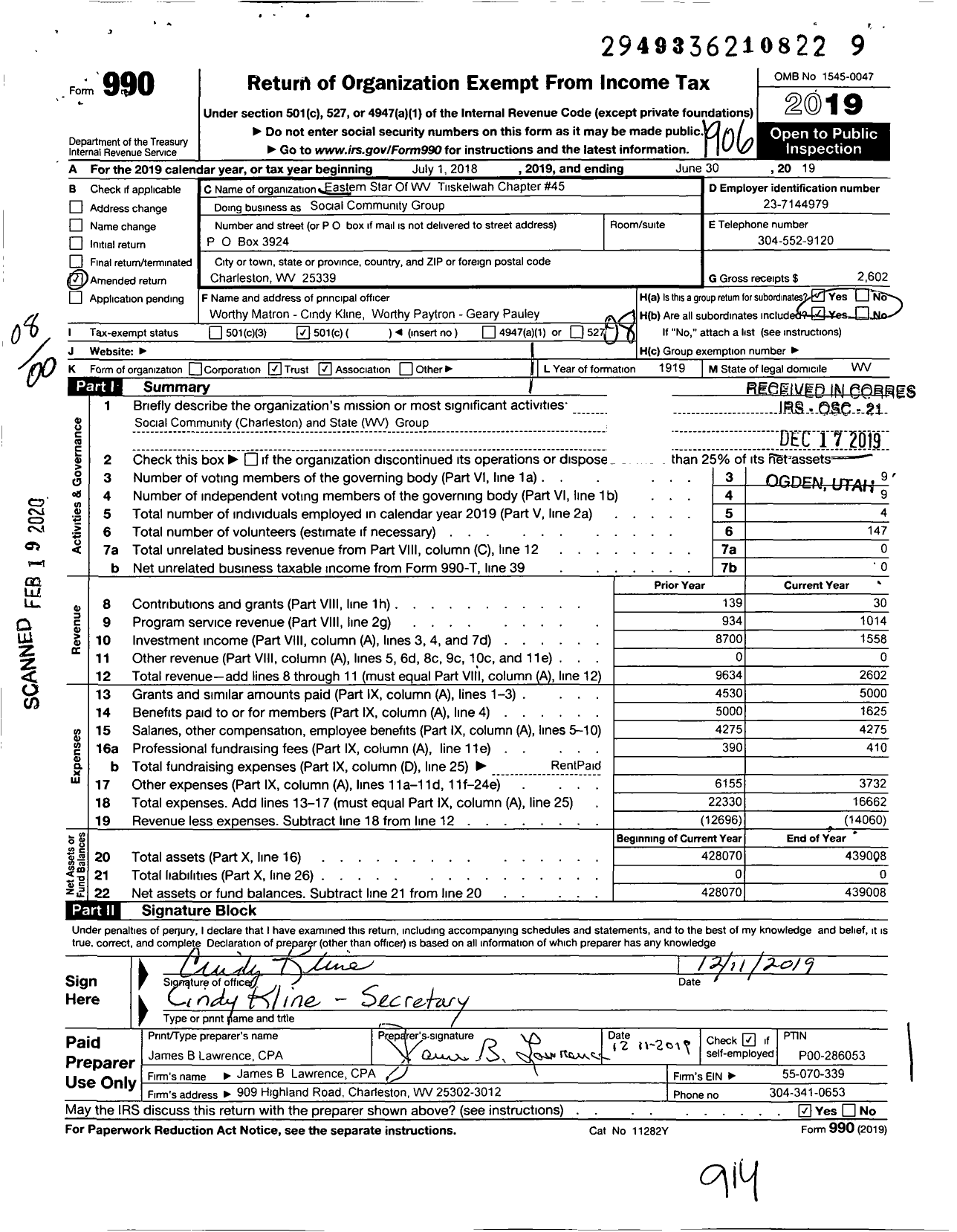 Image of first page of 2018 Form 990O for Order of the Eastern Star of West Virginia - 45 Tiskelwah Chapter