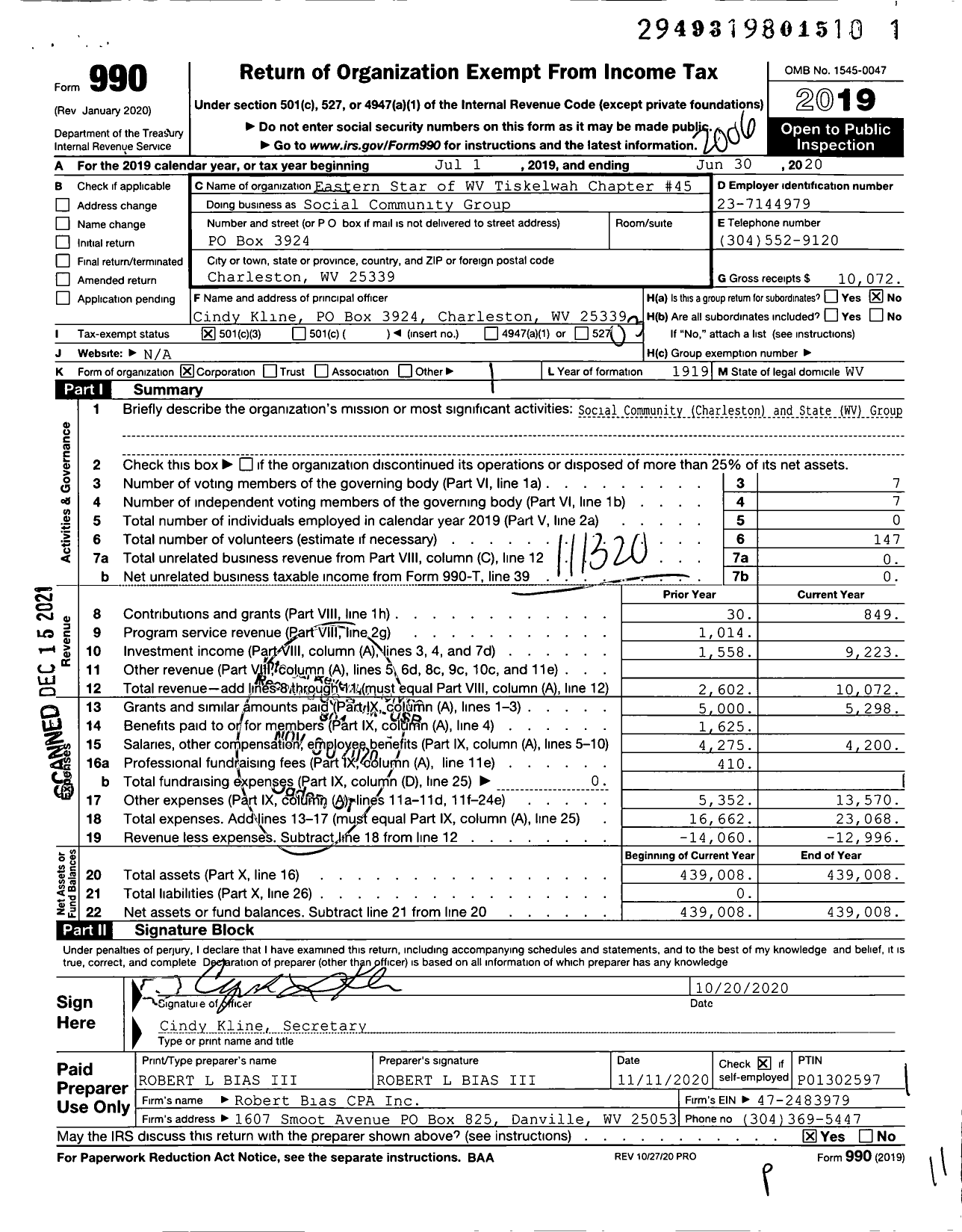 Image of first page of 2019 Form 990 for Order of the Eastern Star of West Virginia - 45 Tiskelwah Chapter