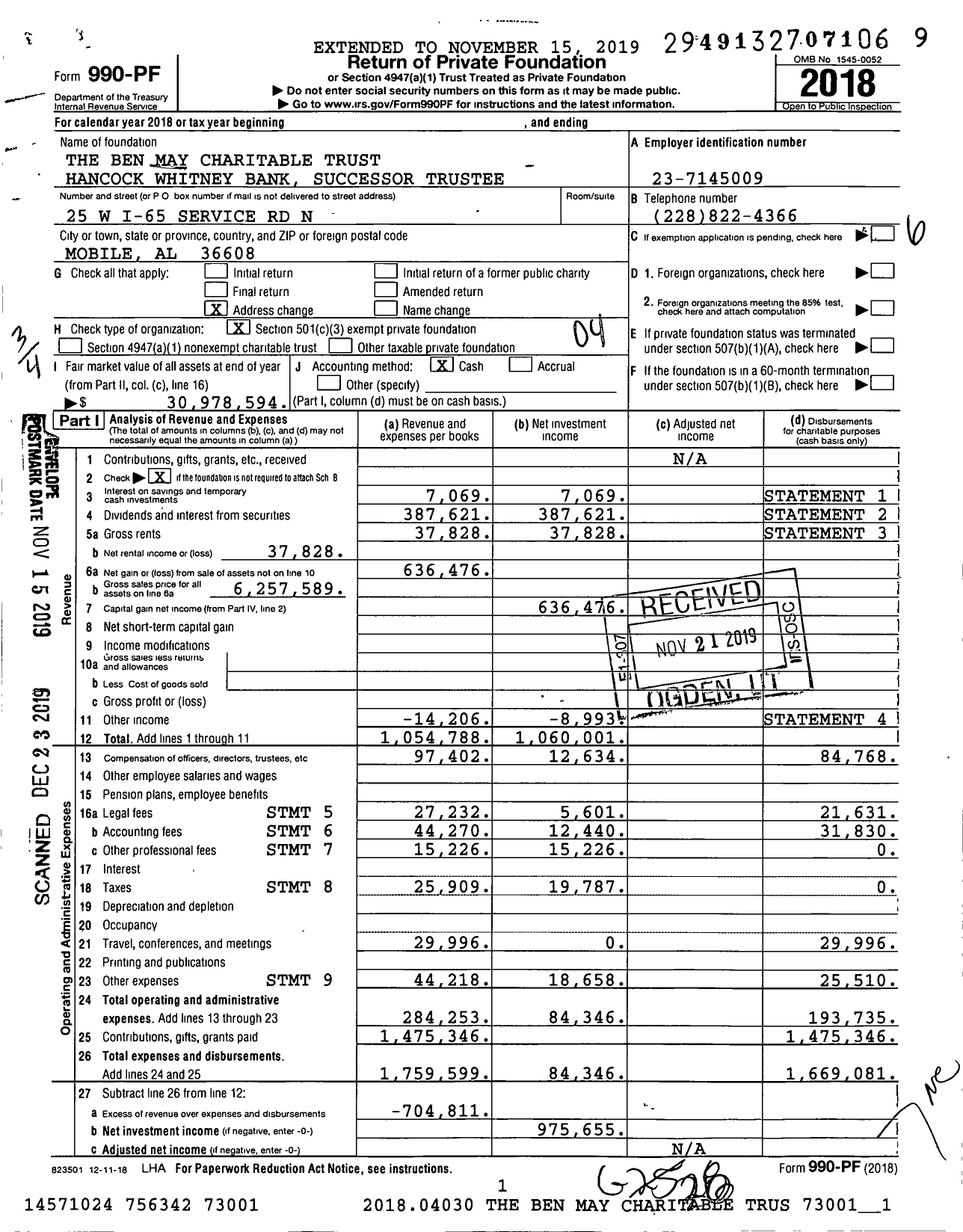 Image of first page of 2018 Form 990PF for The Ben May Charitable Trust Hancock Whitney Bank Successor Trustee