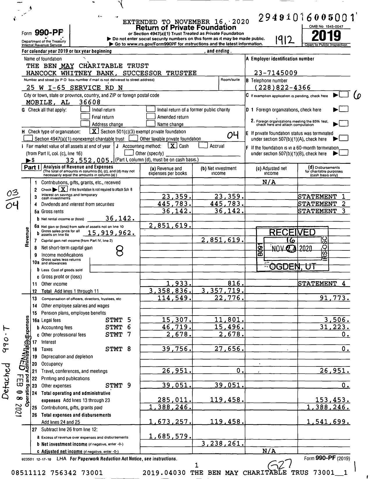 Image of first page of 2019 Form 990PF for The Ben May Charitable Trust Hancock Whitney Bank Successor Trustee
