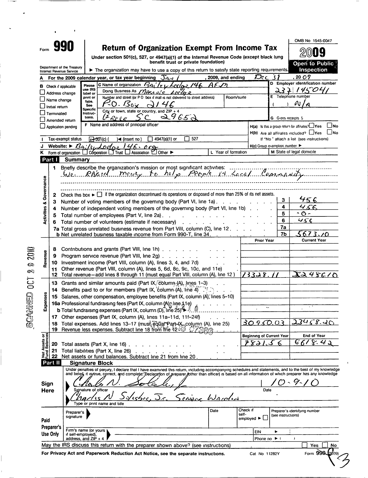 Image of first page of 2009 Form 990O for Ancient Free Masons of South Carolina - 146 Bailey Lodge