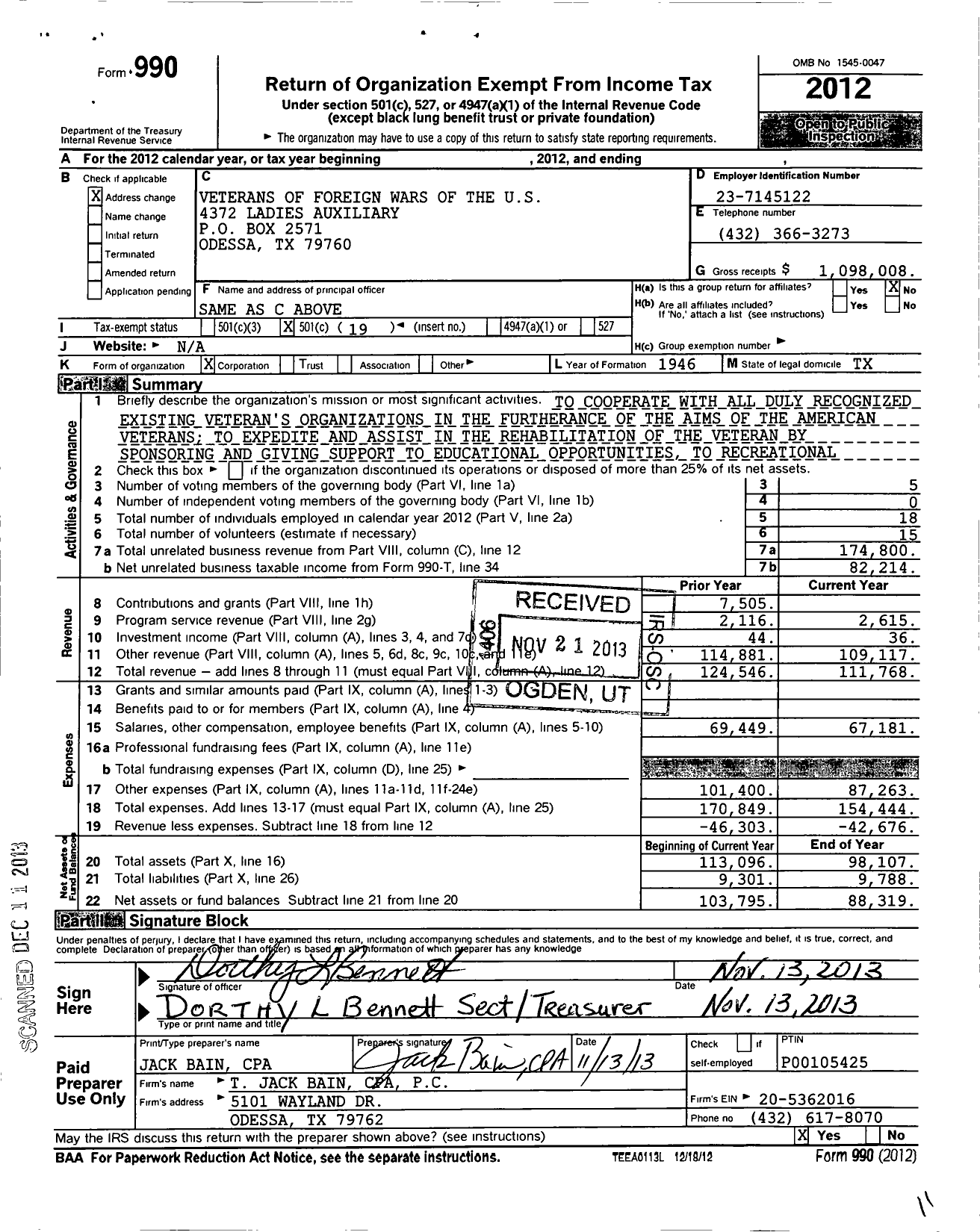 Image of first page of 2012 Form 990O for Veterans of Foreign Wars of the Us Dept of Texas Auxiliary - 4372 Paul G Mahoney VFW Auxiliary