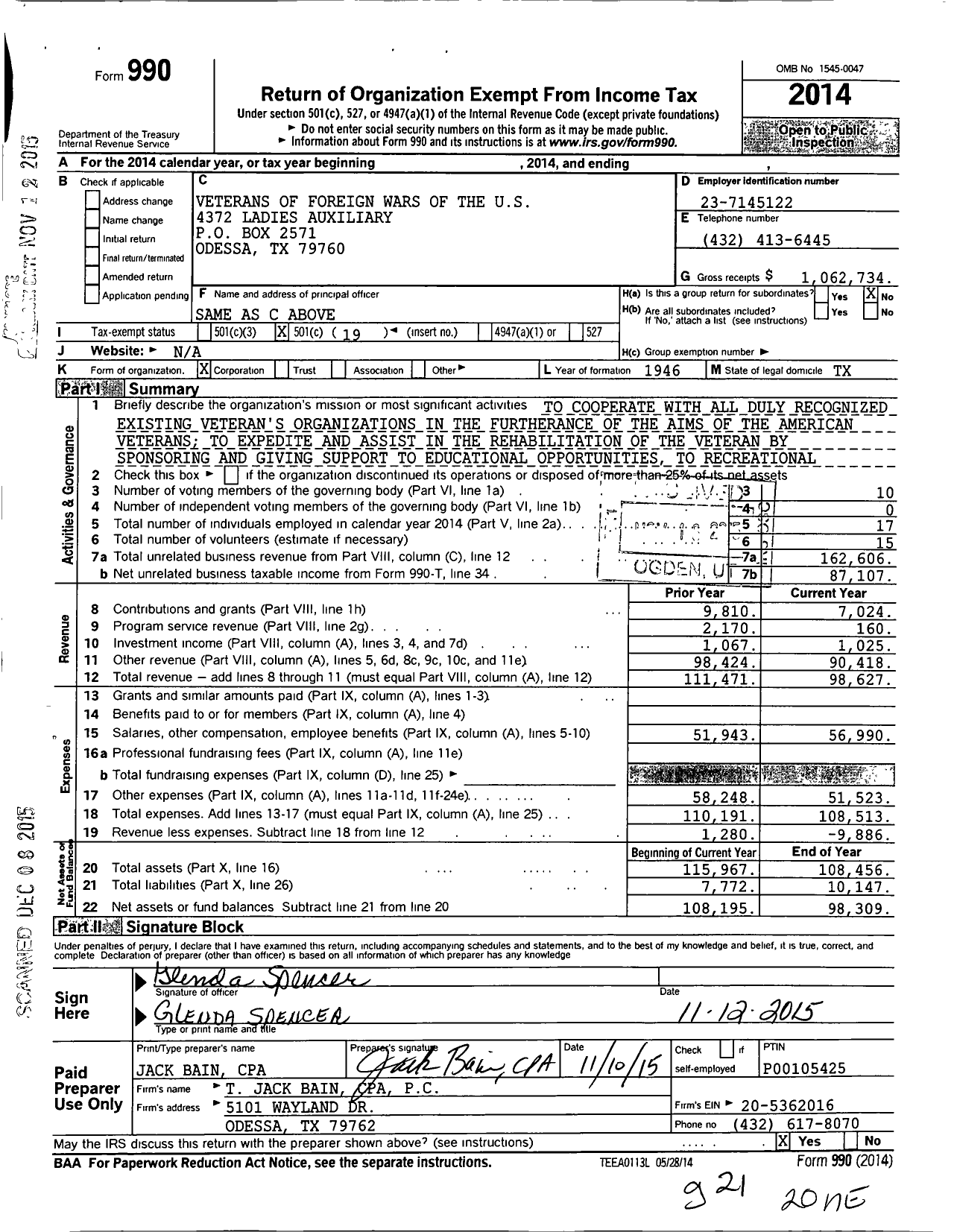 Image of first page of 2014 Form 990O for Veterans of Foreign Wars of the Us Dept of Texas Auxiliary - 4372 Paul G Mahoney VFW Auxiliary