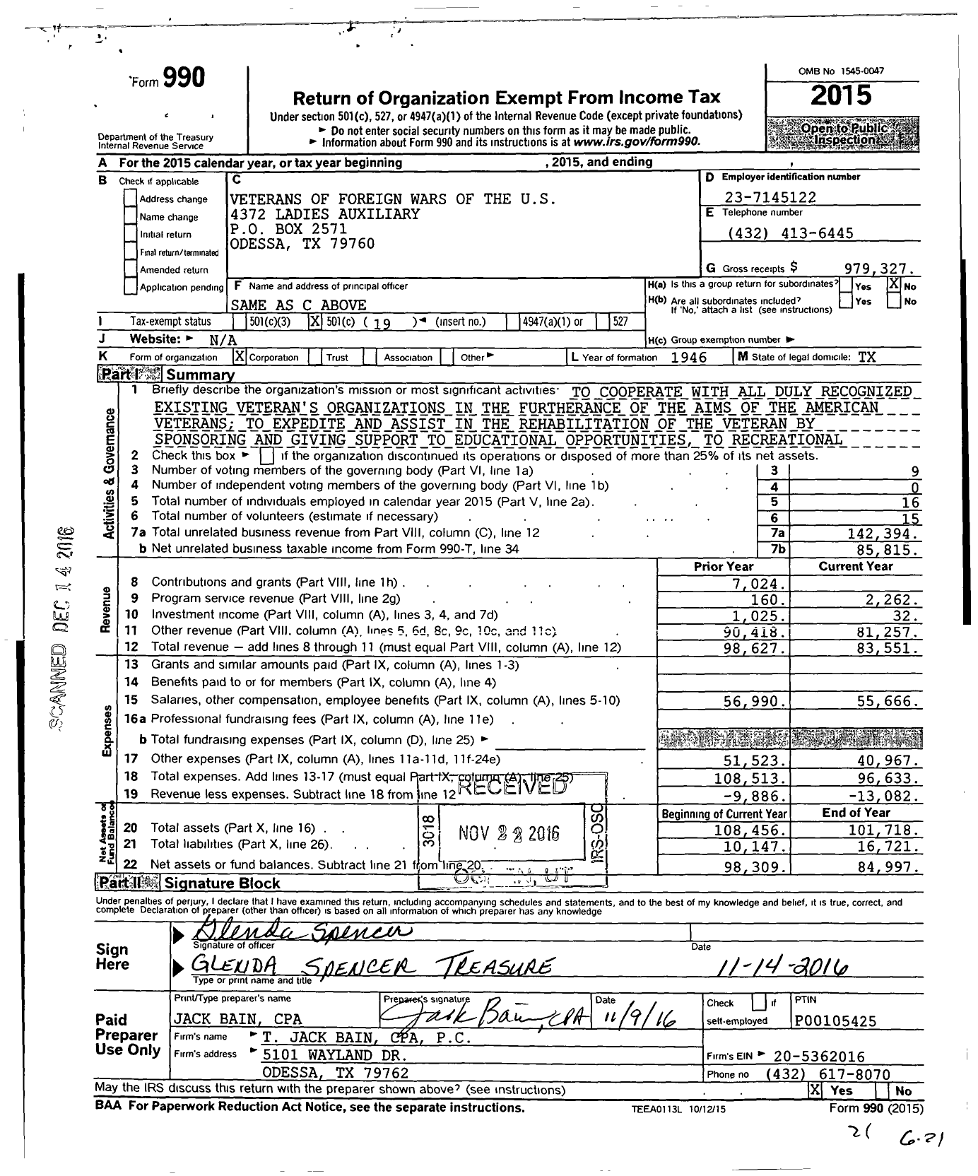 Image of first page of 2015 Form 990O for Veterans of Foreign Wars of the Us Dept of Texas Auxiliary - 4372 Paul G Mahoney VFW Auxiliary