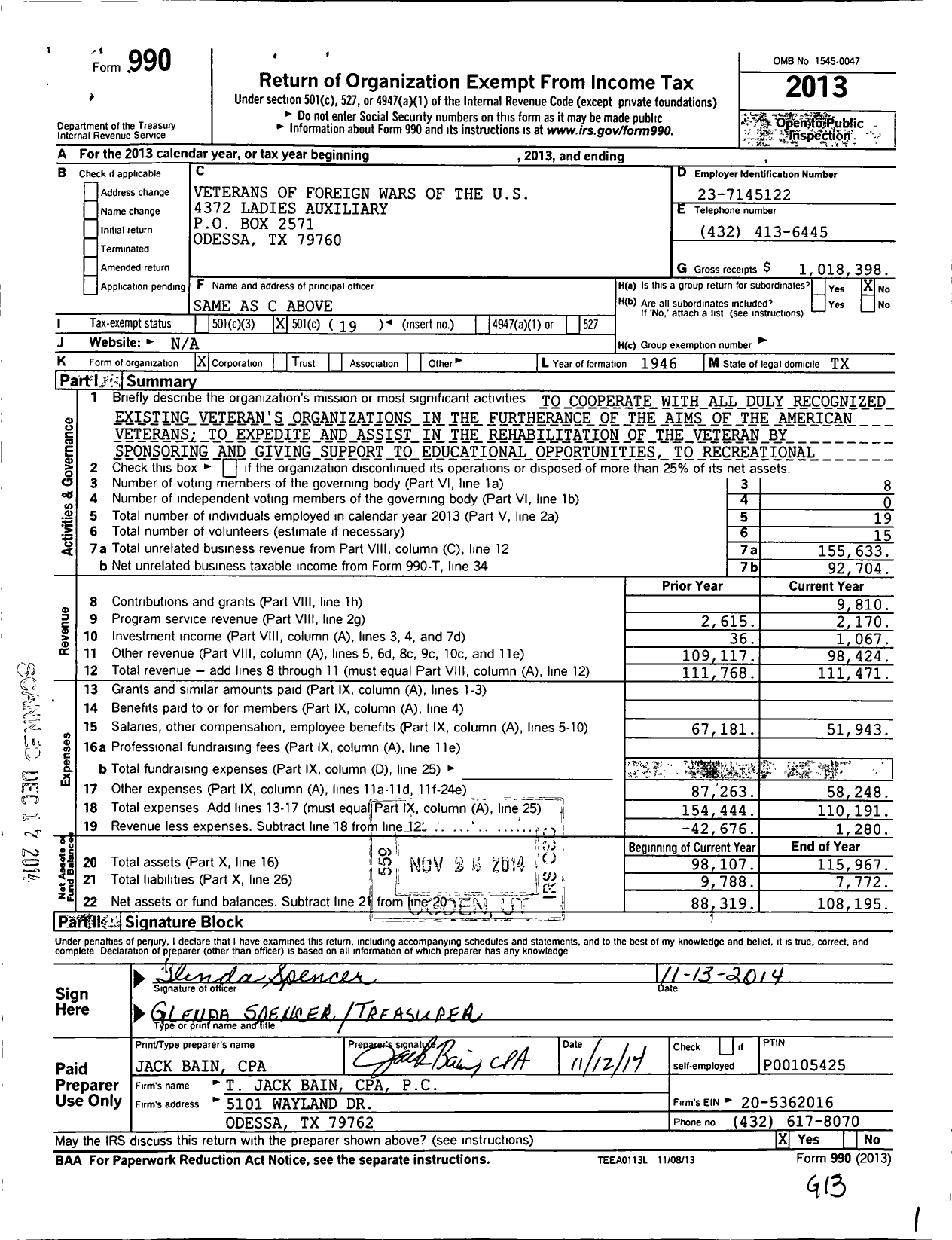 Image of first page of 2013 Form 990O for Veterans of Foreign Wars of the Us Dept of Texas Auxiliary - 4372 Paul G Mahoney VFW Auxiliary