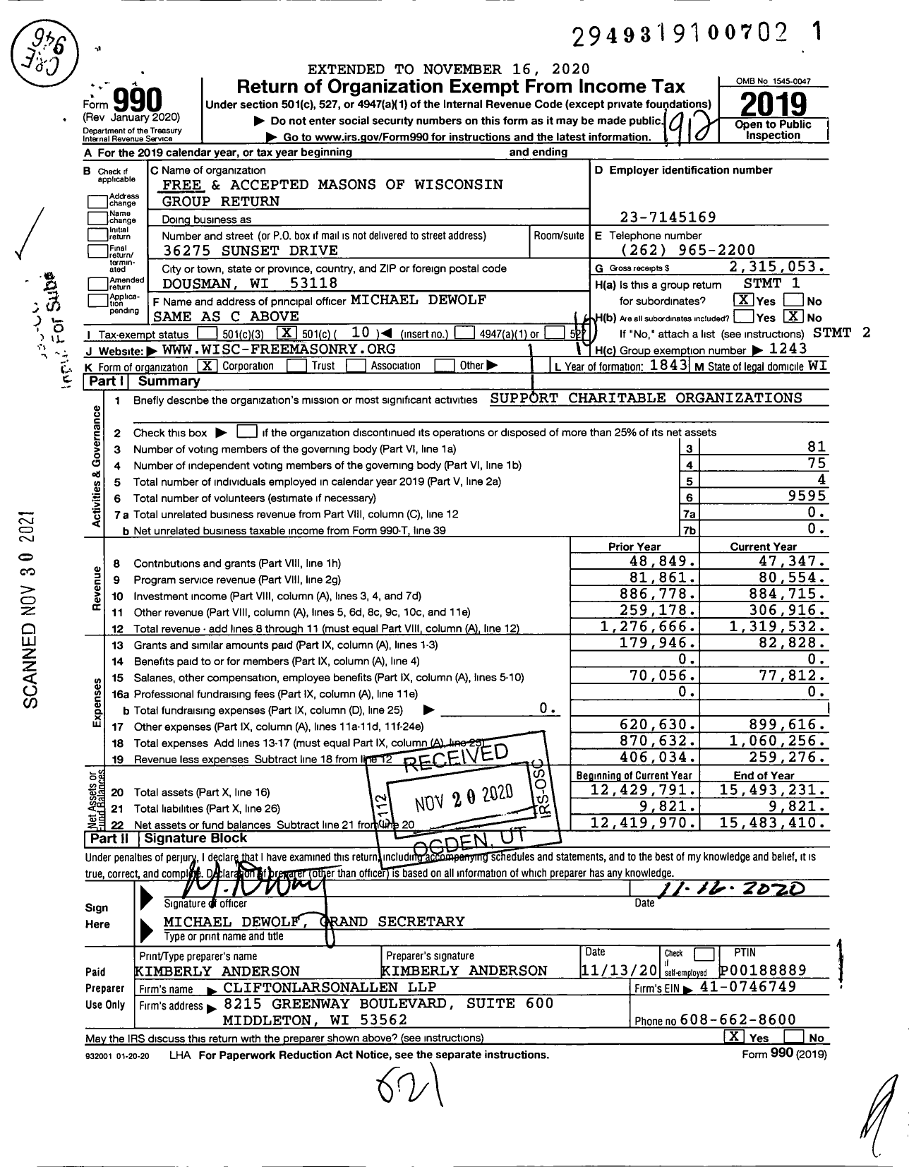 Image of first page of 2019 Form 990O for Free and Accepted Masons of Wisconsin Group Return