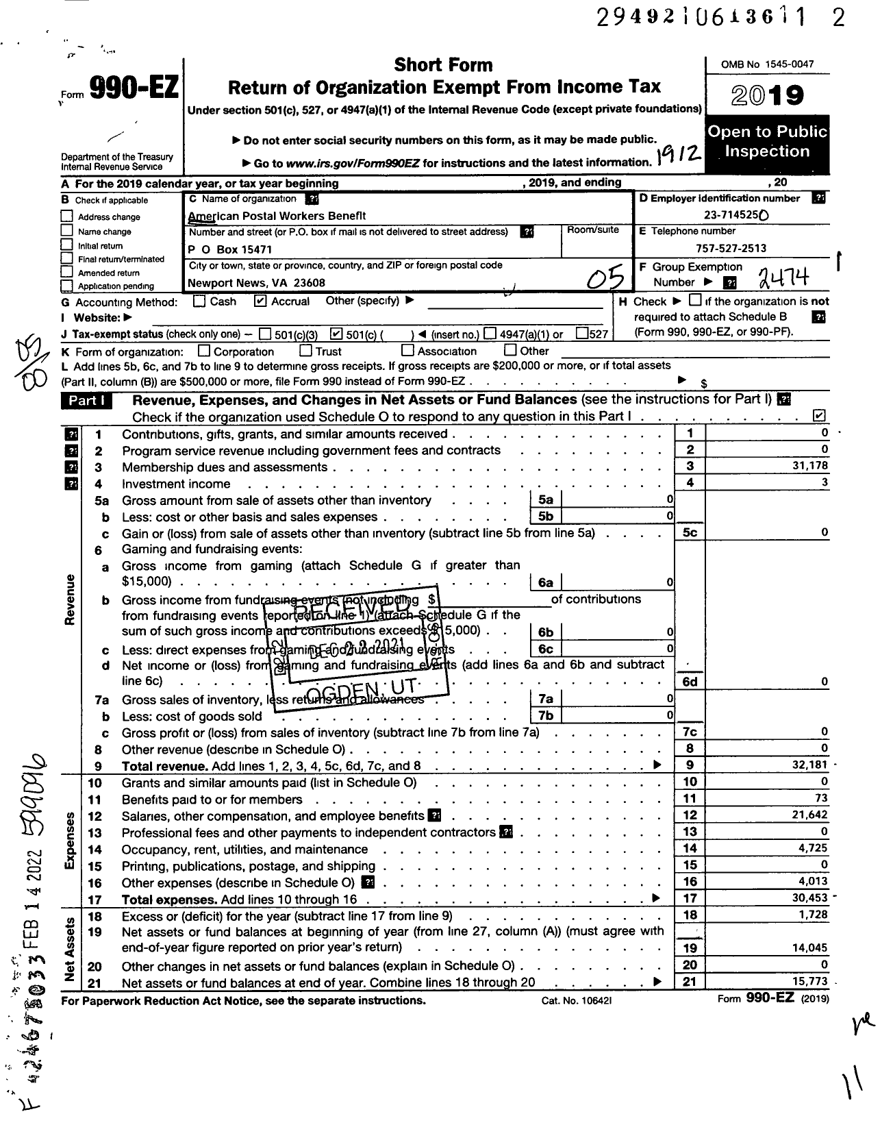 Image of first page of 2019 Form 990EO for American Postal Workers Union - 6726 Virginia Peninsula Area Local