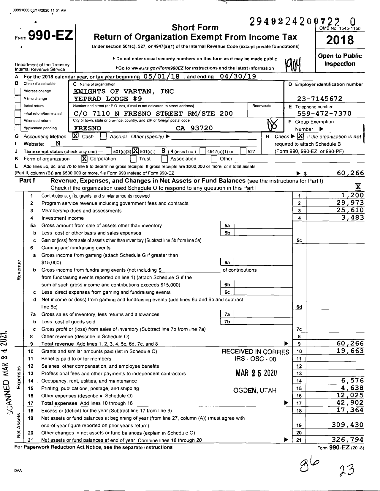 Image of first page of 2018 Form 990EO for Knights of Vartan - 9 Yeprad