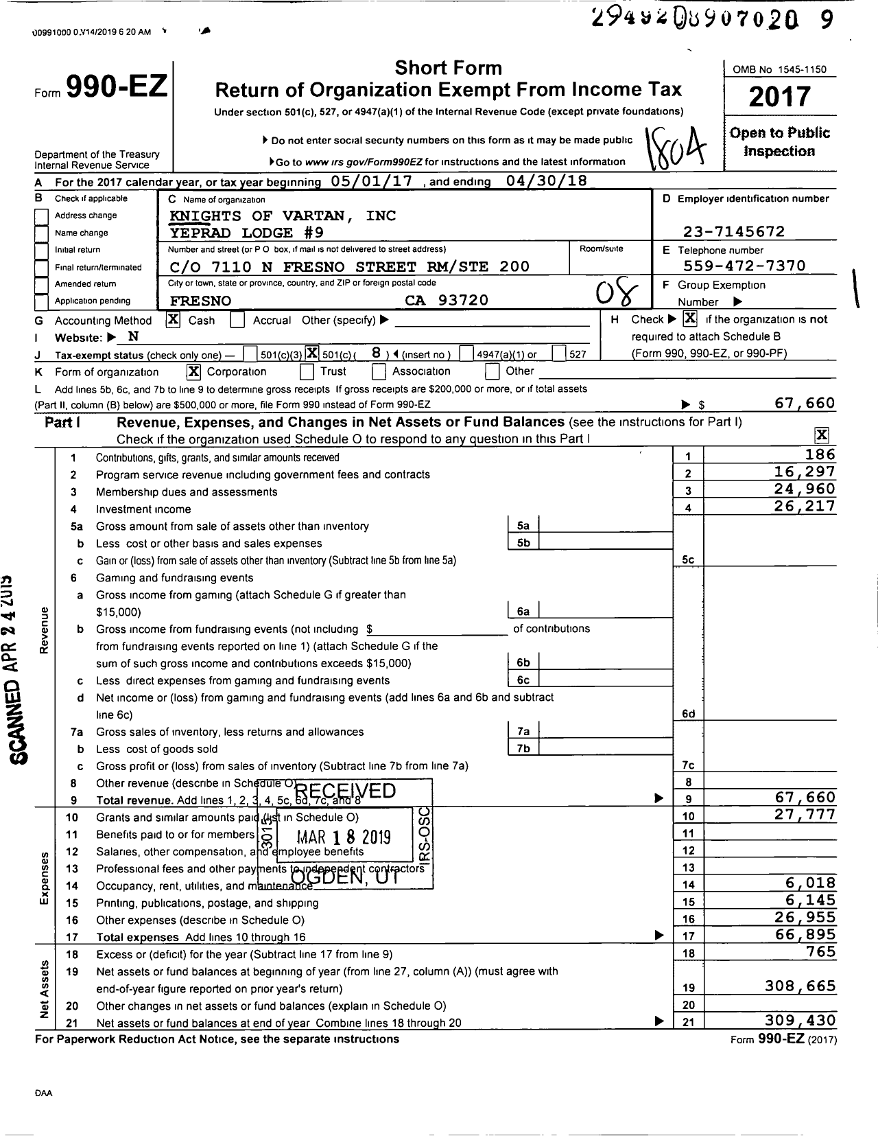 Image of first page of 2017 Form 990EO for Knights of Vartan - 9 Yeprad