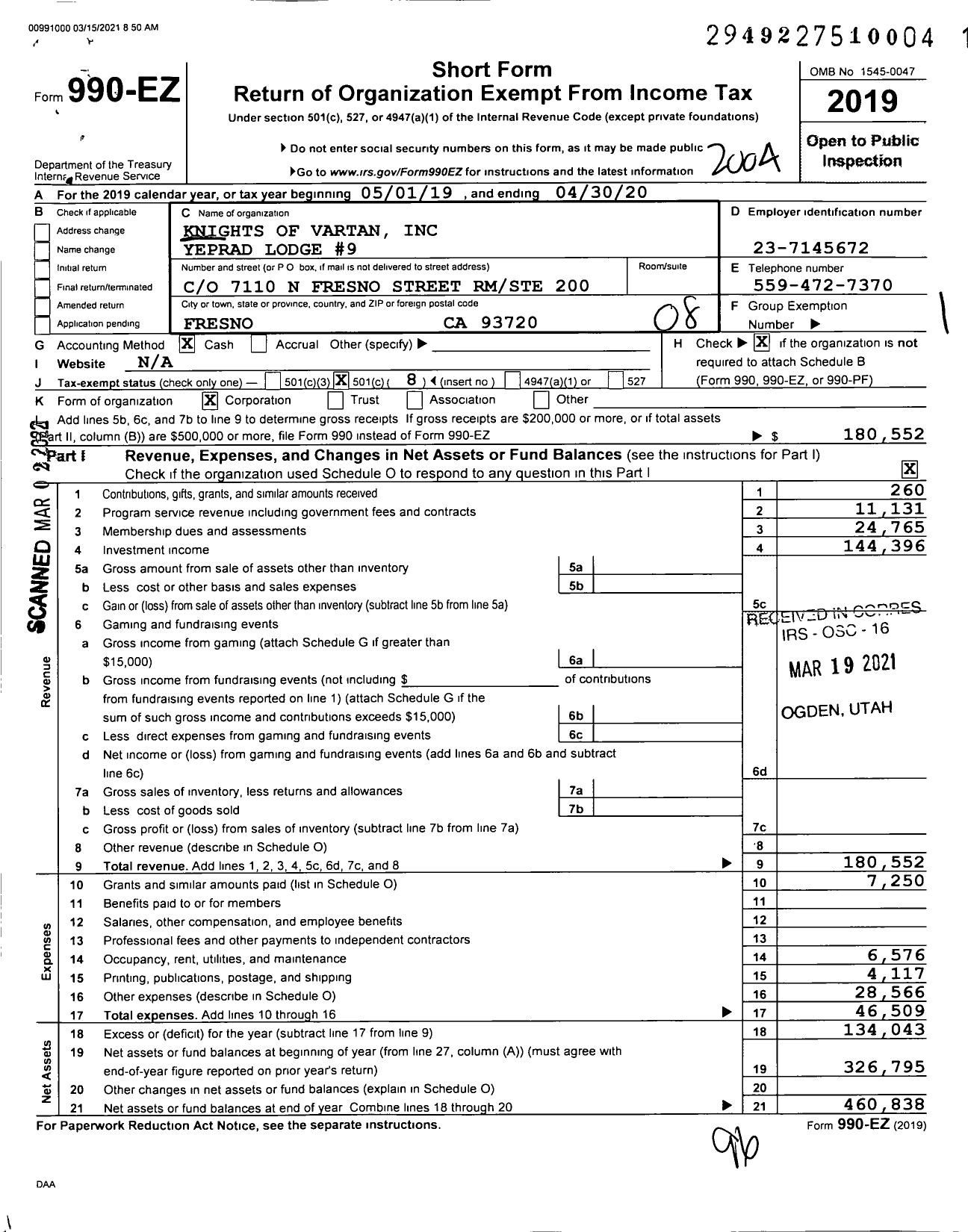 Image of first page of 2019 Form 990EO for Knights of Vartan - 9 Yeprad