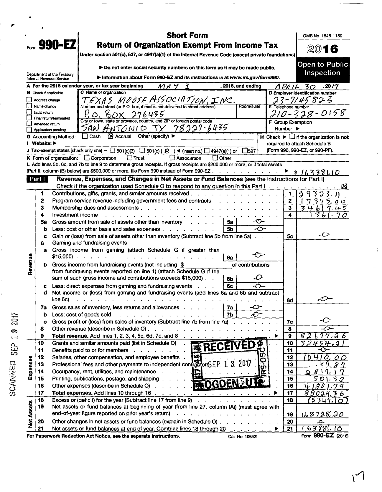 Image of first page of 2016 Form 990EO for Texas Moose Association