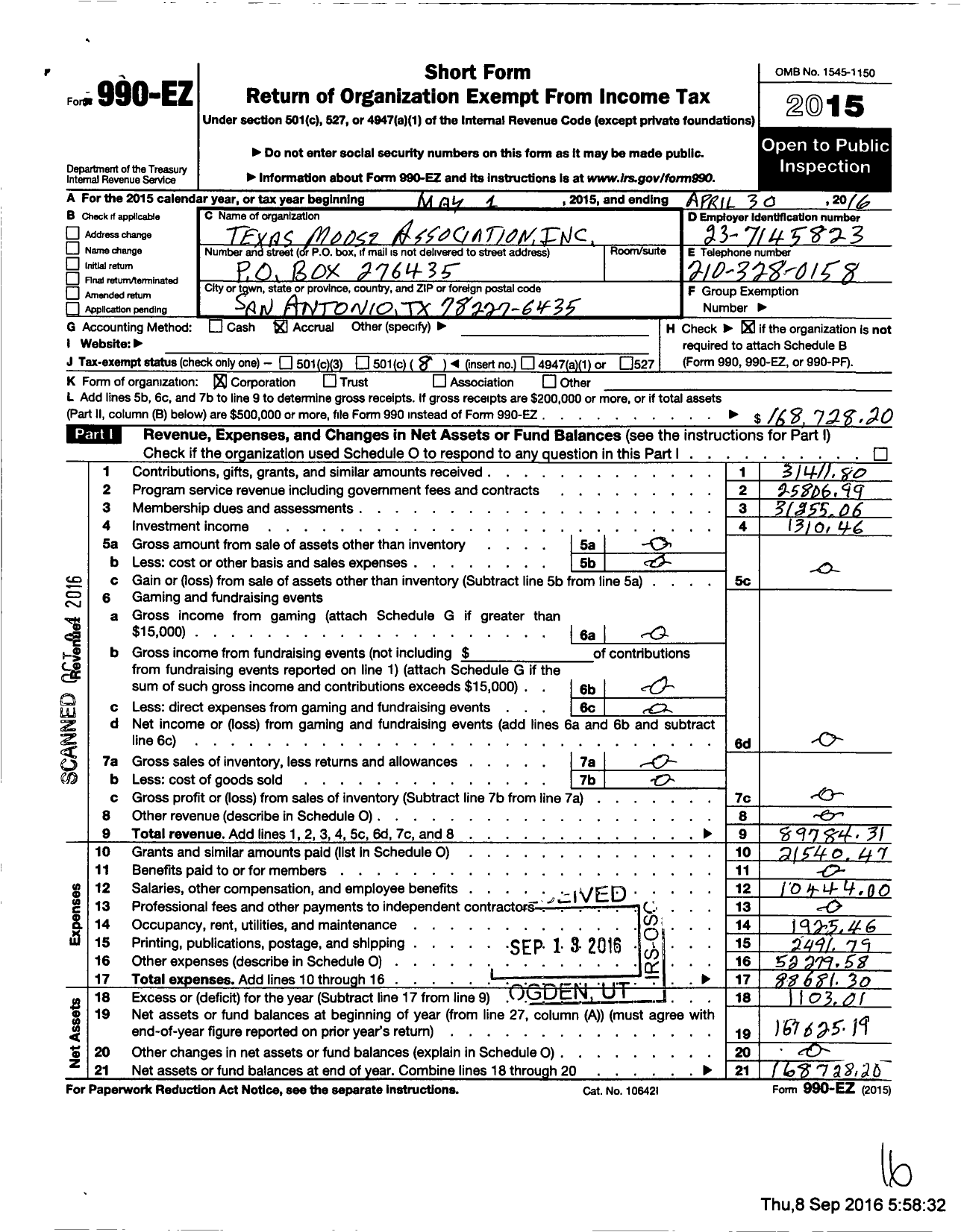 Image of first page of 2015 Form 990EO for Texas Moose Association