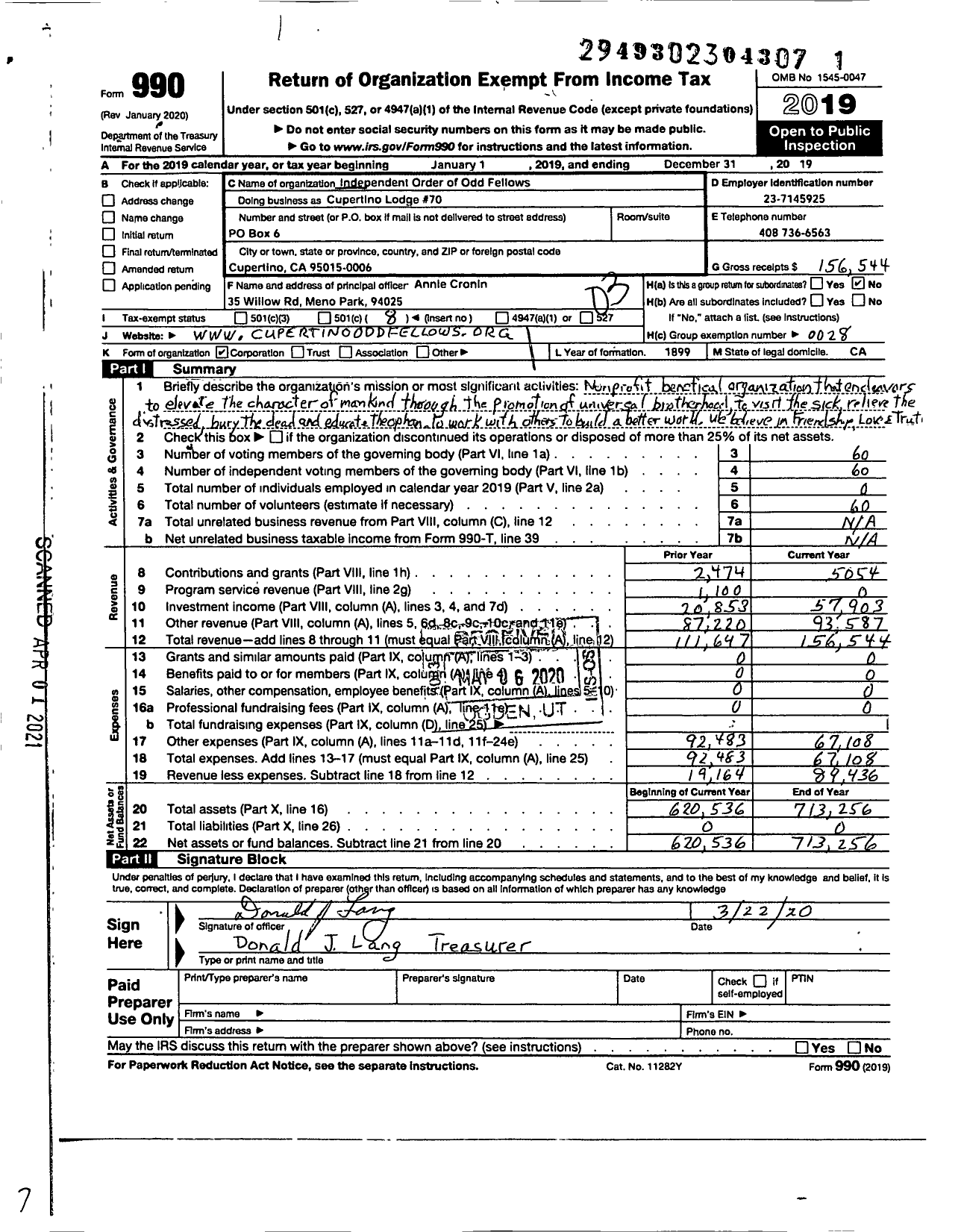 Image of first page of 2019 Form 990 for Independent Order of Odd Fellows - Cupertino Lodge #70 Grand Lodge of Cupertino