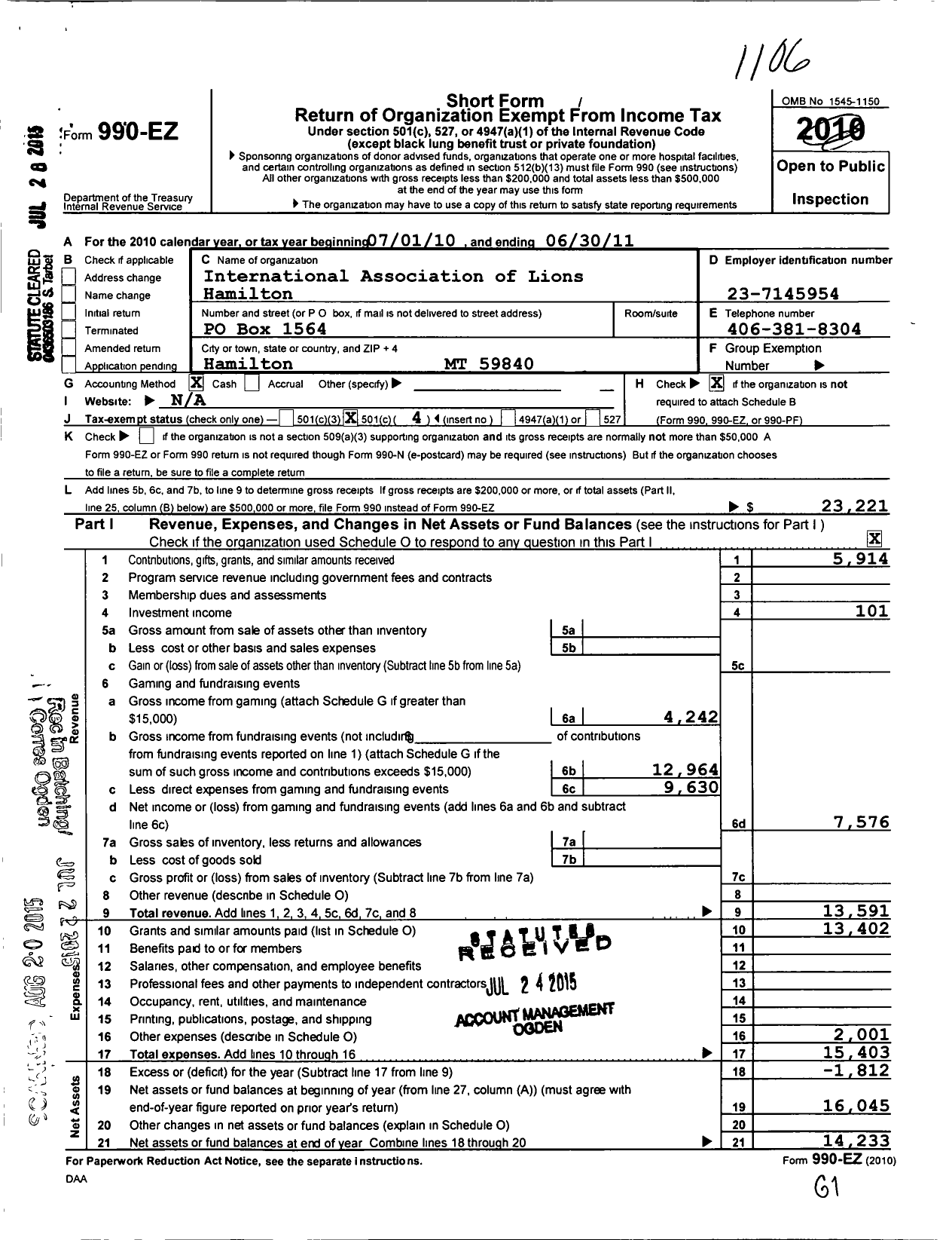 Image of first page of 2010 Form 990EO for International Association of Lions Clubs / 13097 Hamilton