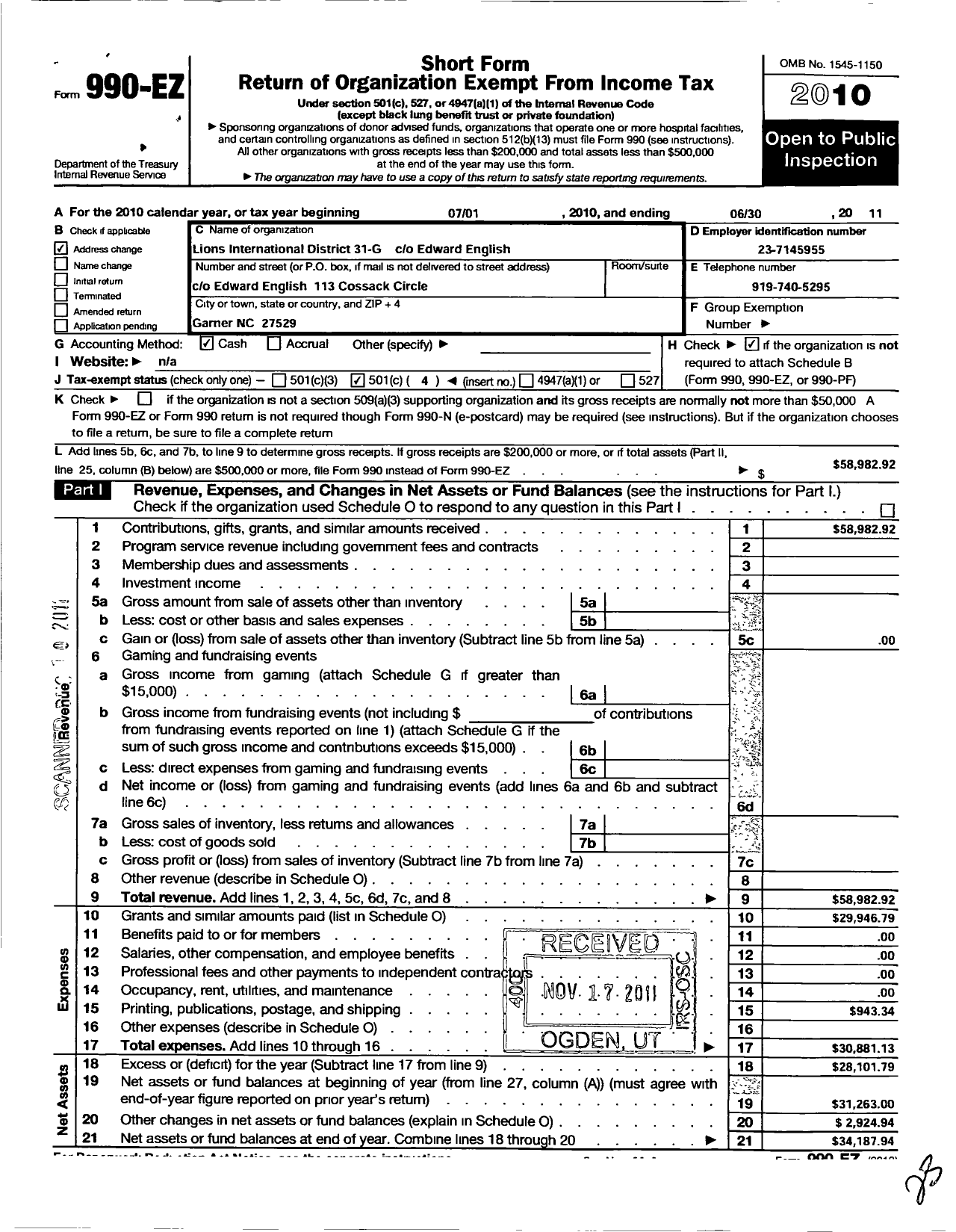 Image of first page of 2010 Form 990EO for Lions Clubs - 65772 31 G District