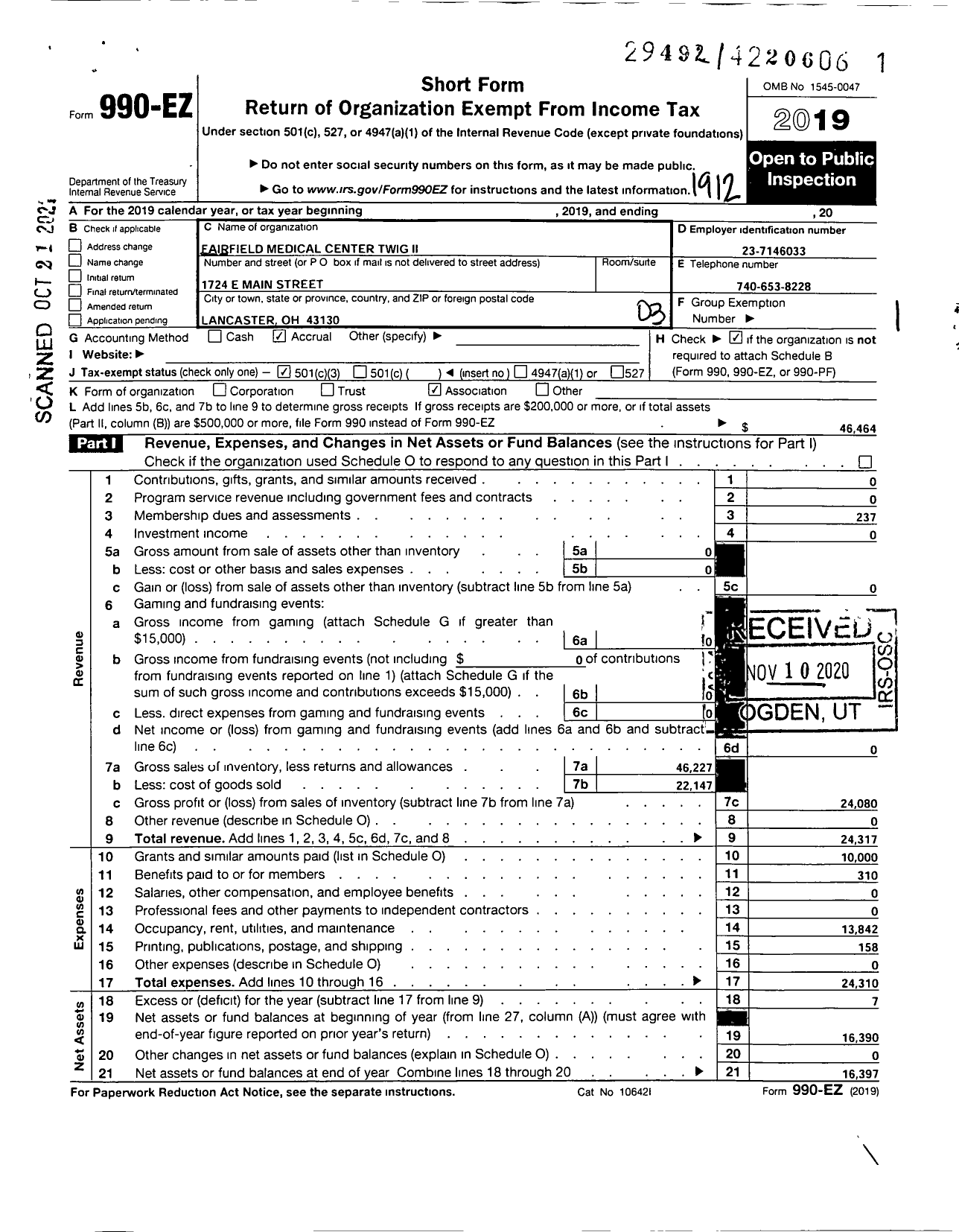 Image of first page of 2019 Form 990EZ for Fairfield Medical Center Twig Two