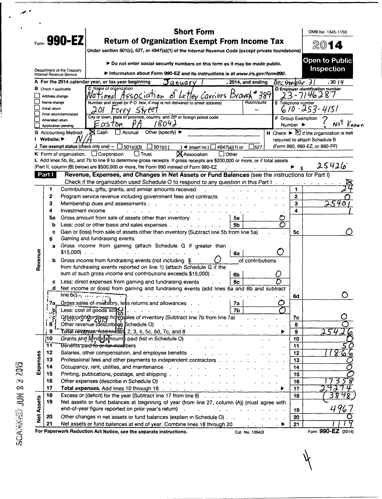 Image of first page of 2014 Form 990EO for National Association of Letter Carriers - 0389 Easton Pennsylvania