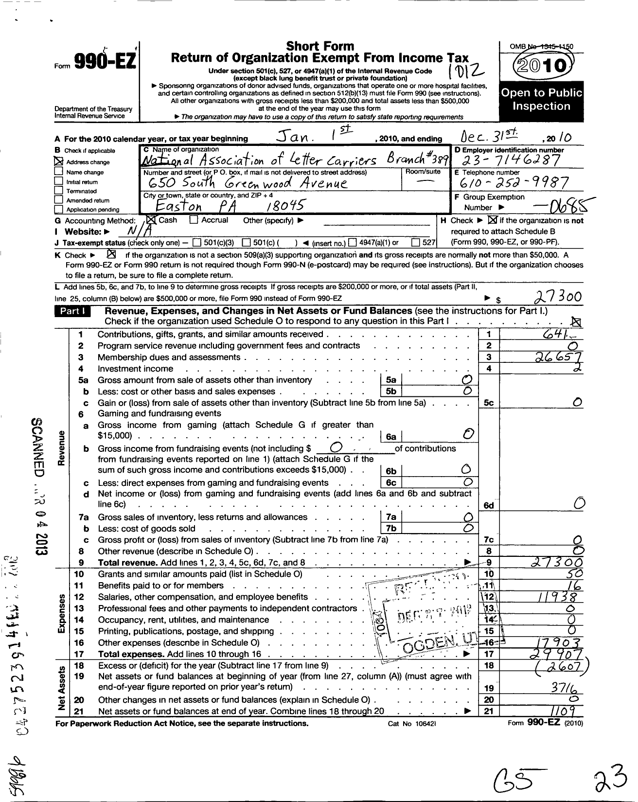 Image of first page of 2010 Form 990EO for National Association of Letter Carriers - 0389 Easton Pennsylvania
