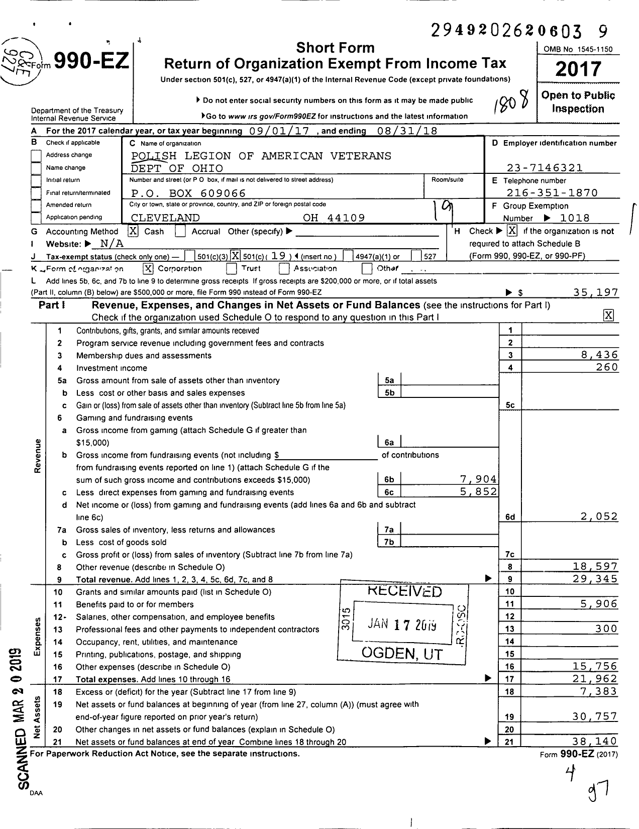 Image of first page of 2017 Form 990EO for Polish Legion of American Veterans