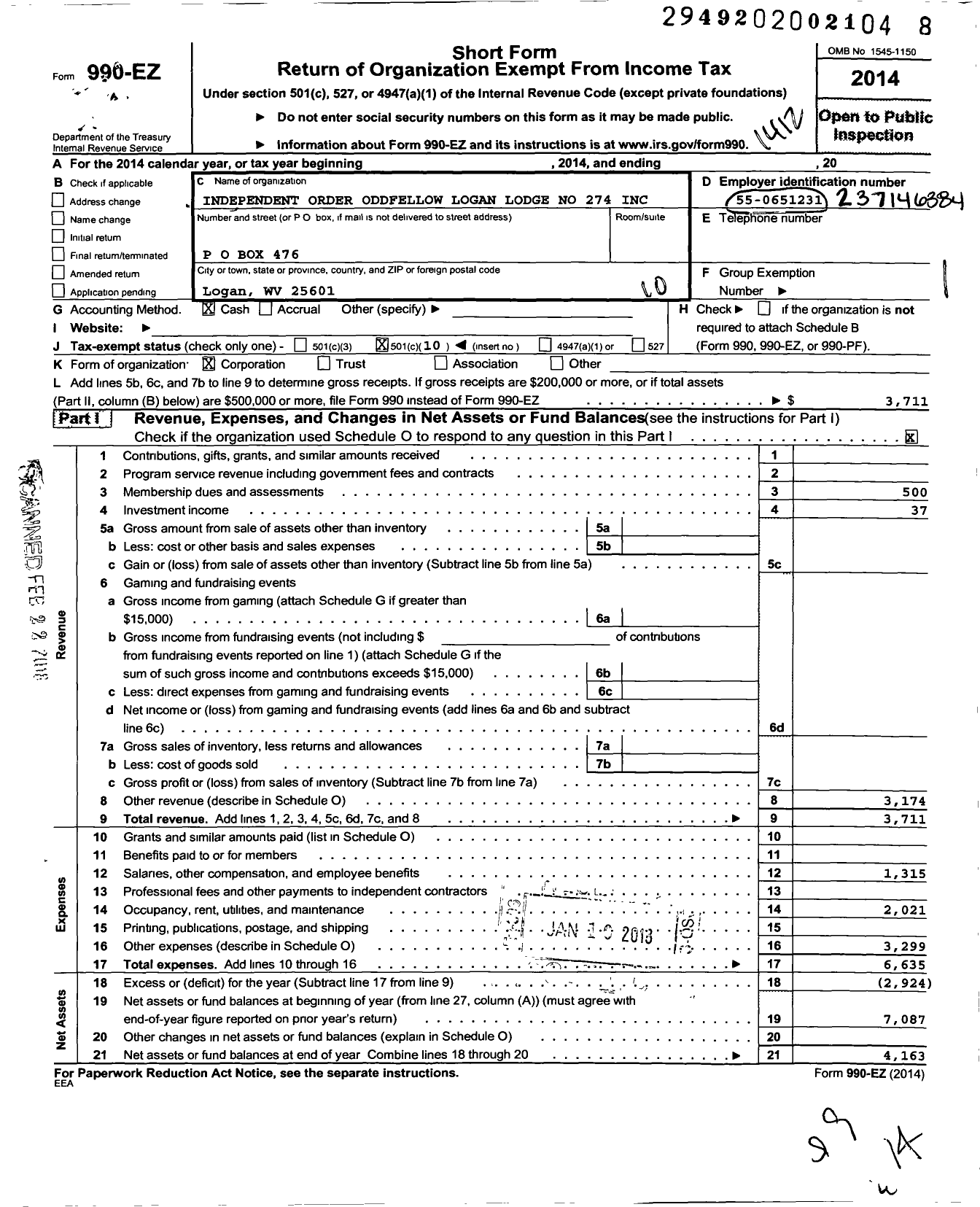 Image of first page of 2014 Form 990EO for Independent Order of Odd Fellows Logan Lodge #274