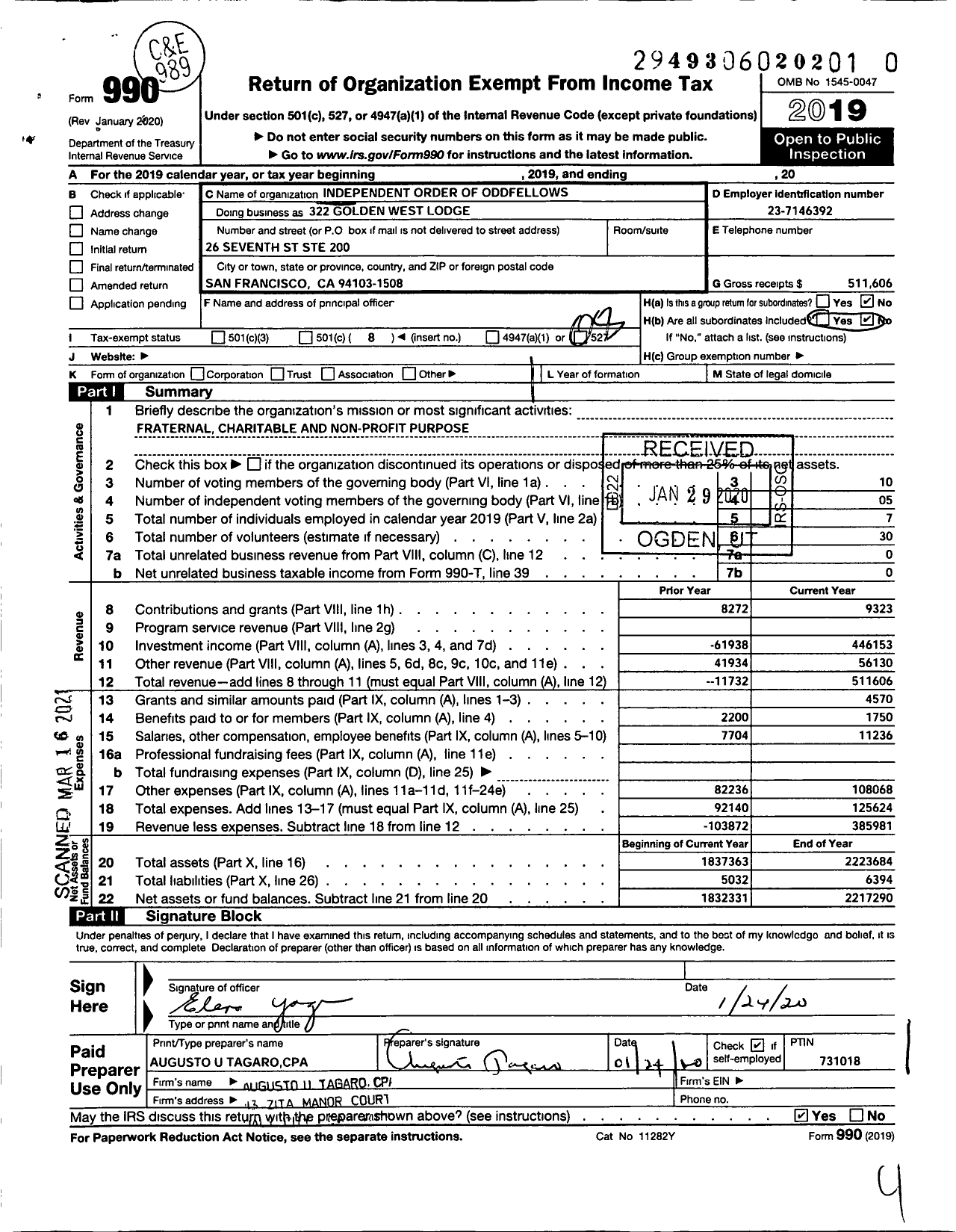 Image of first page of 2019 Form 990O for Independent Order of Odd Fellows - 322 Golden West Lodge