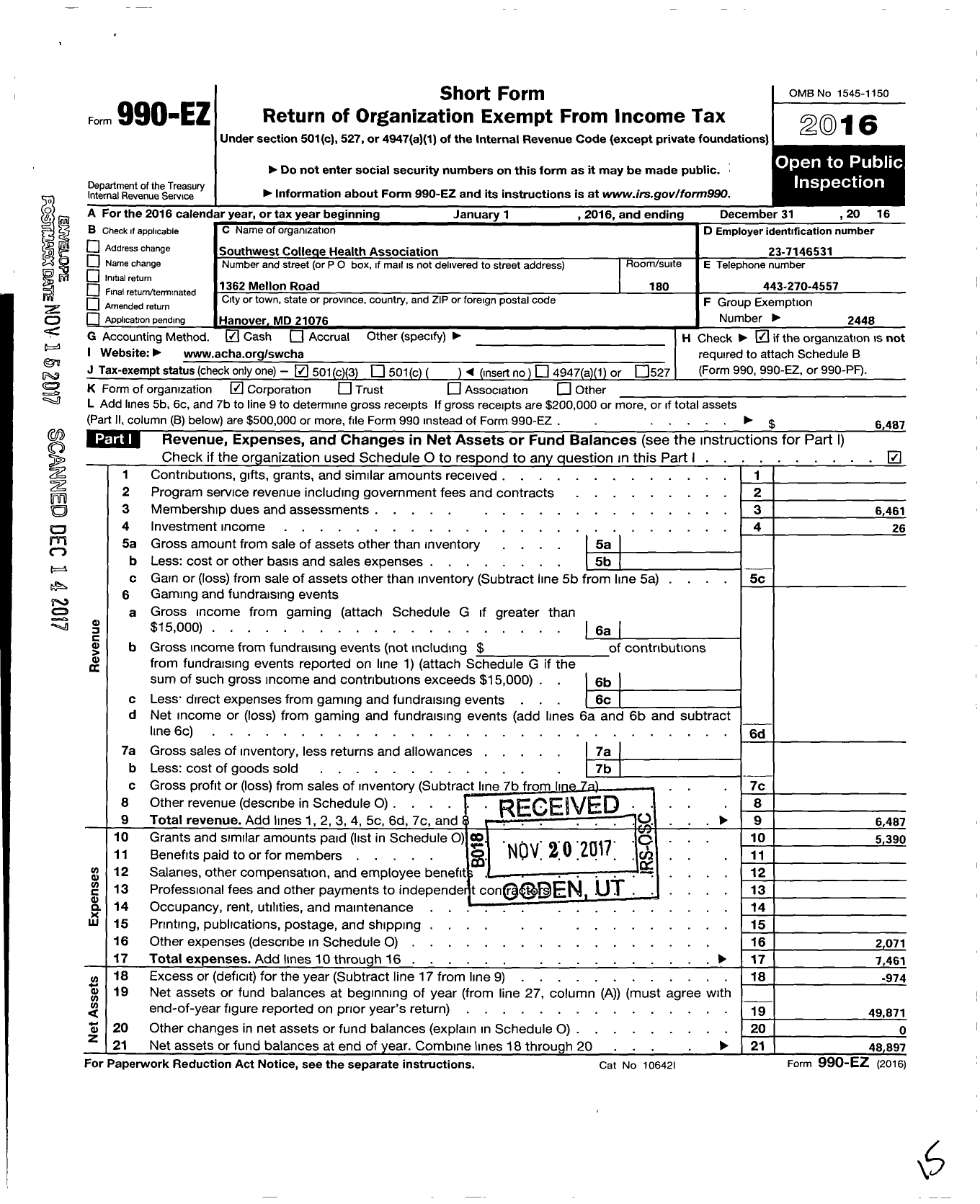 Image of first page of 2016 Form 990EZ for Southwest College Health Association