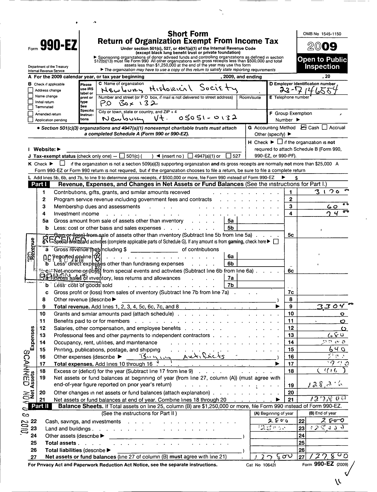 Image of first page of 2009 Form 990EO for Newbury Historical Society