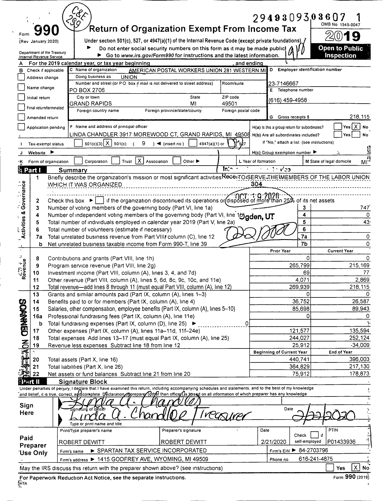 Image of first page of 2019 Form 990O for American Postal Workers Union - Union