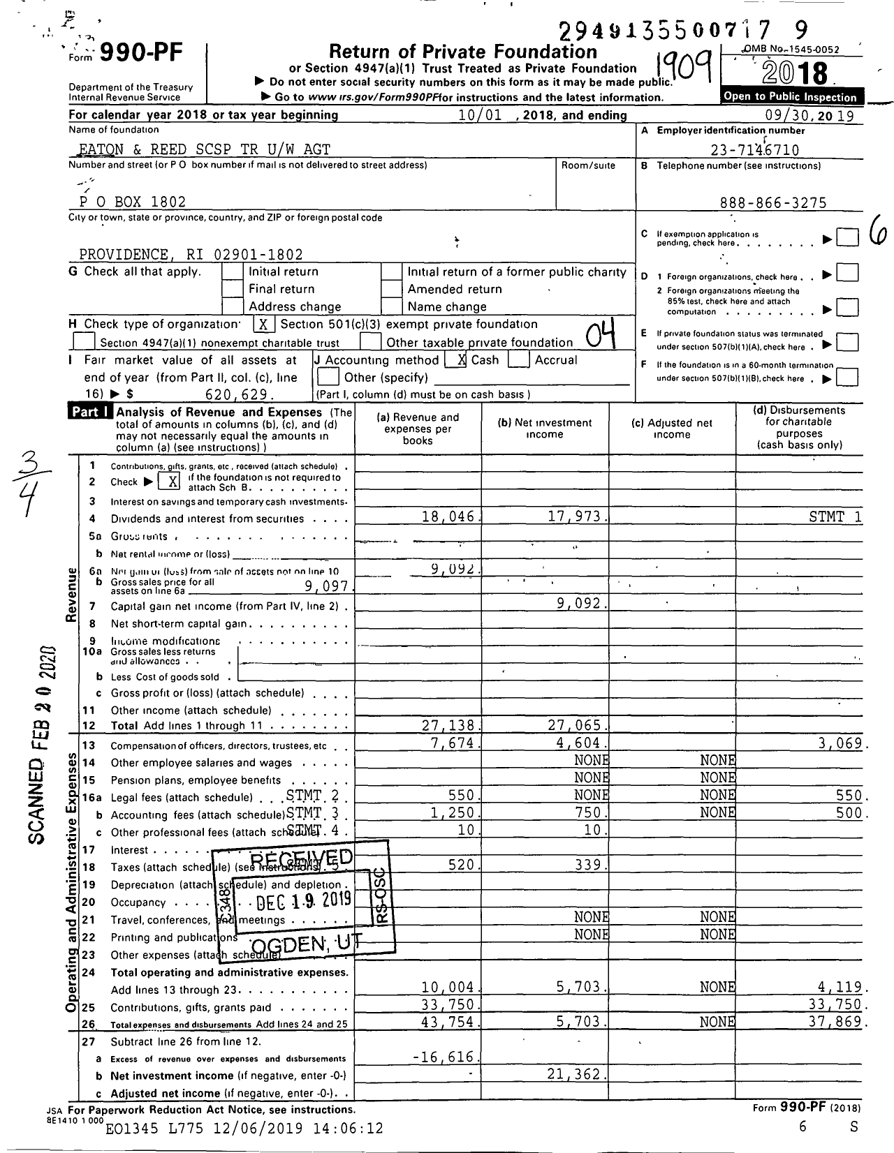 Image of first page of 2018 Form 990PF for Eaton and Reed SCSP TR Uw Agt