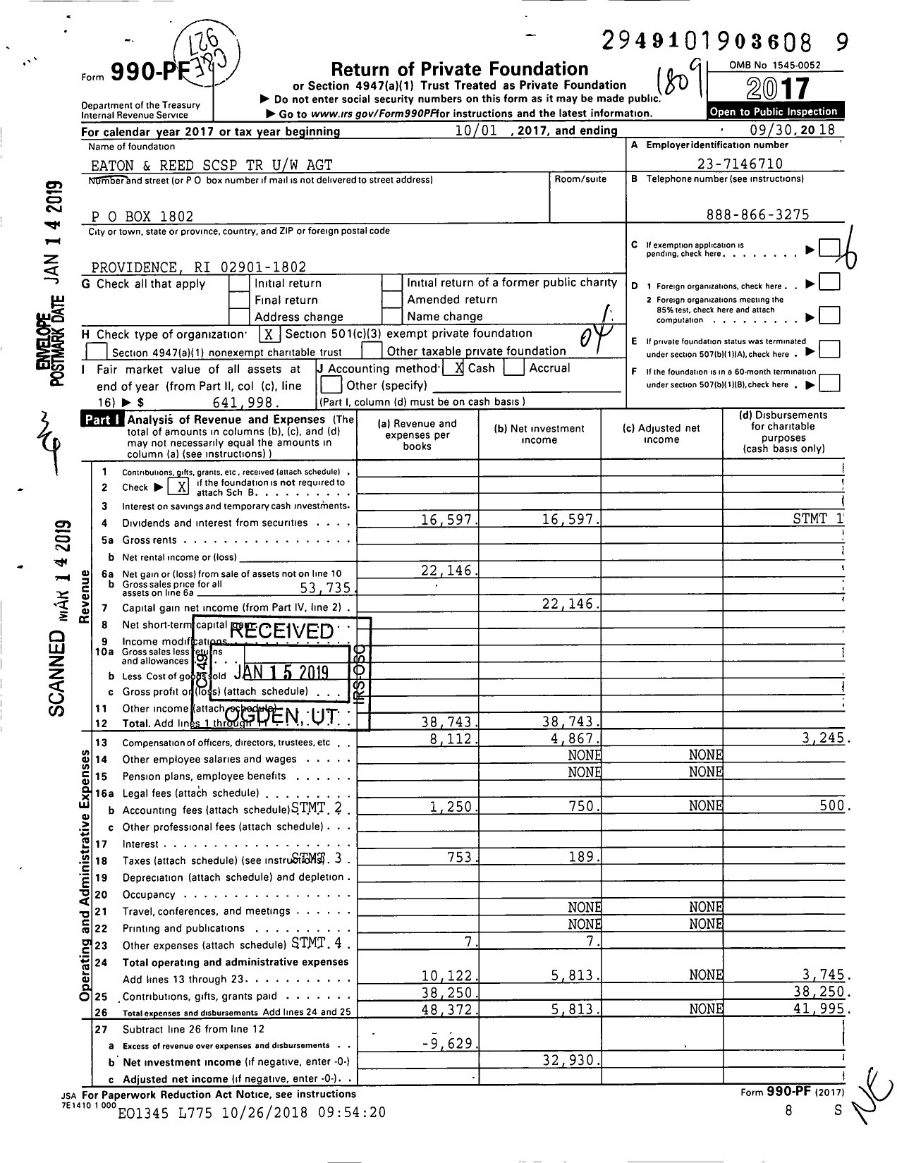 Image of first page of 2017 Form 990PF for Eaton and Reed SCSP TR Uw Agt