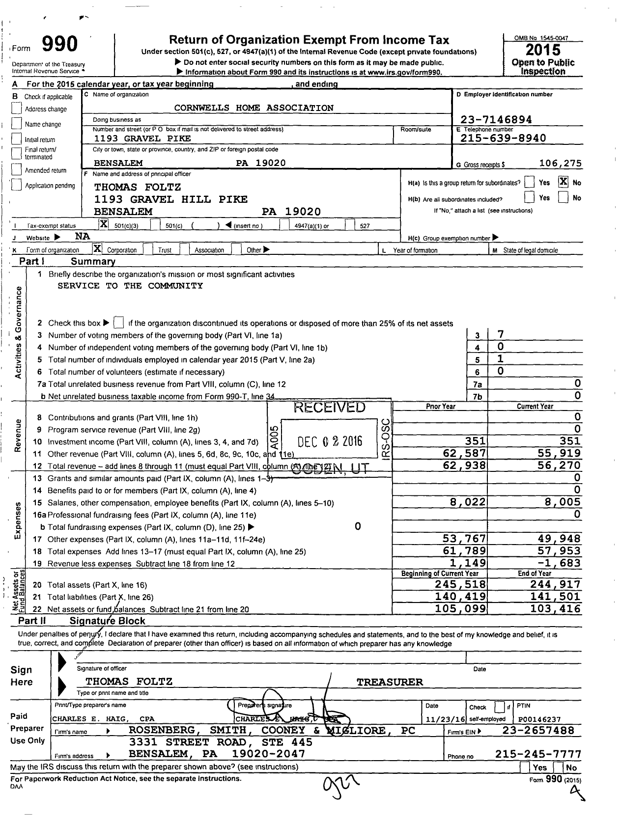 Image of first page of 2015 Form 990 for Cornwells Home Association