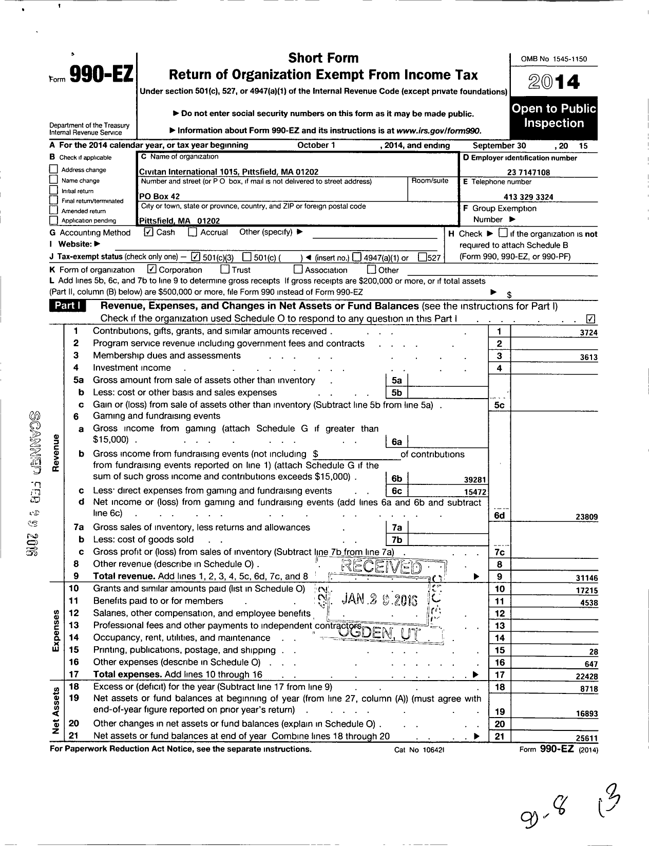 Image of first page of 2014 Form 990EZ for Civitan International / Civitan Club of the Berkshires