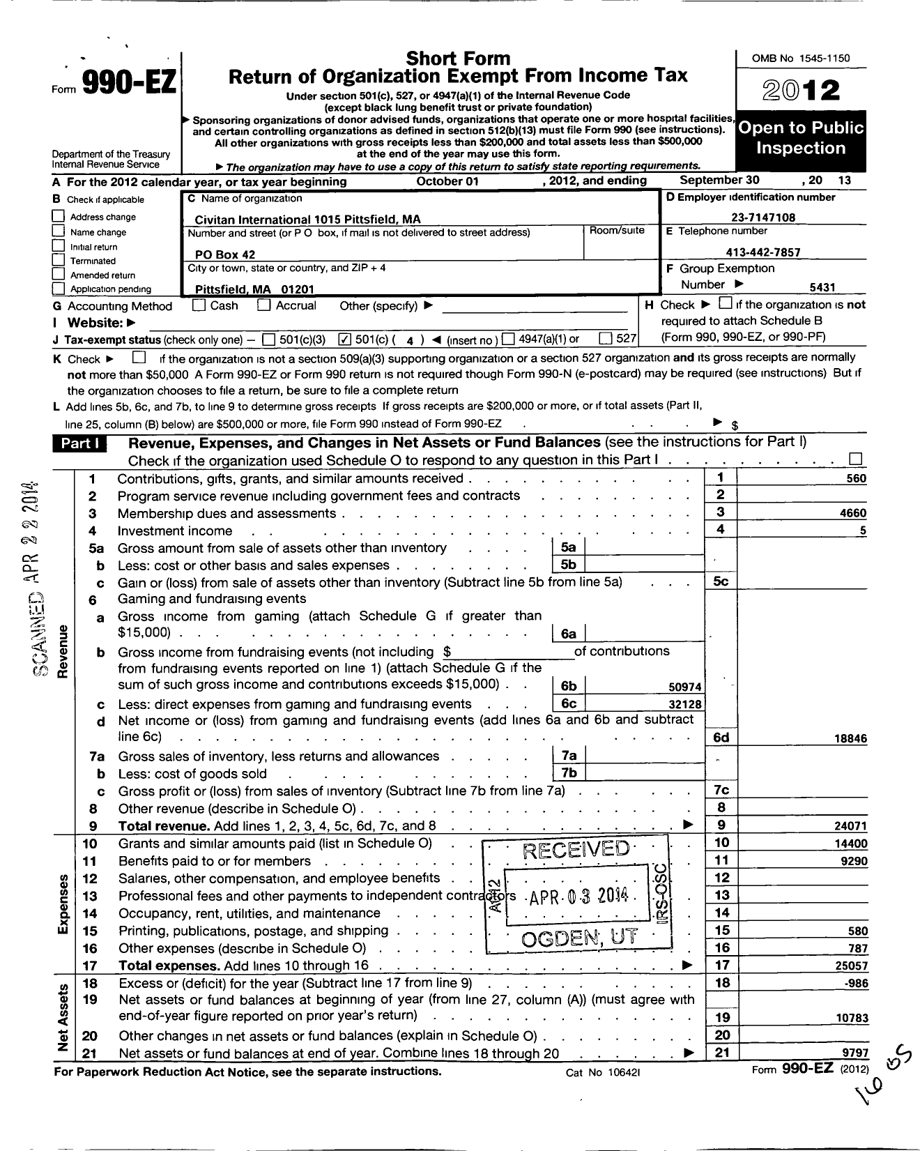 Image of first page of 2012 Form 990EO for Civitan International / Civitan Club of the Berkshires