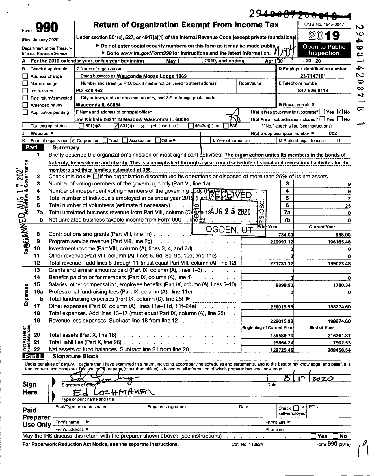 Image of first page of 2019 Form 990O for Loyal Order of Moose - 1969