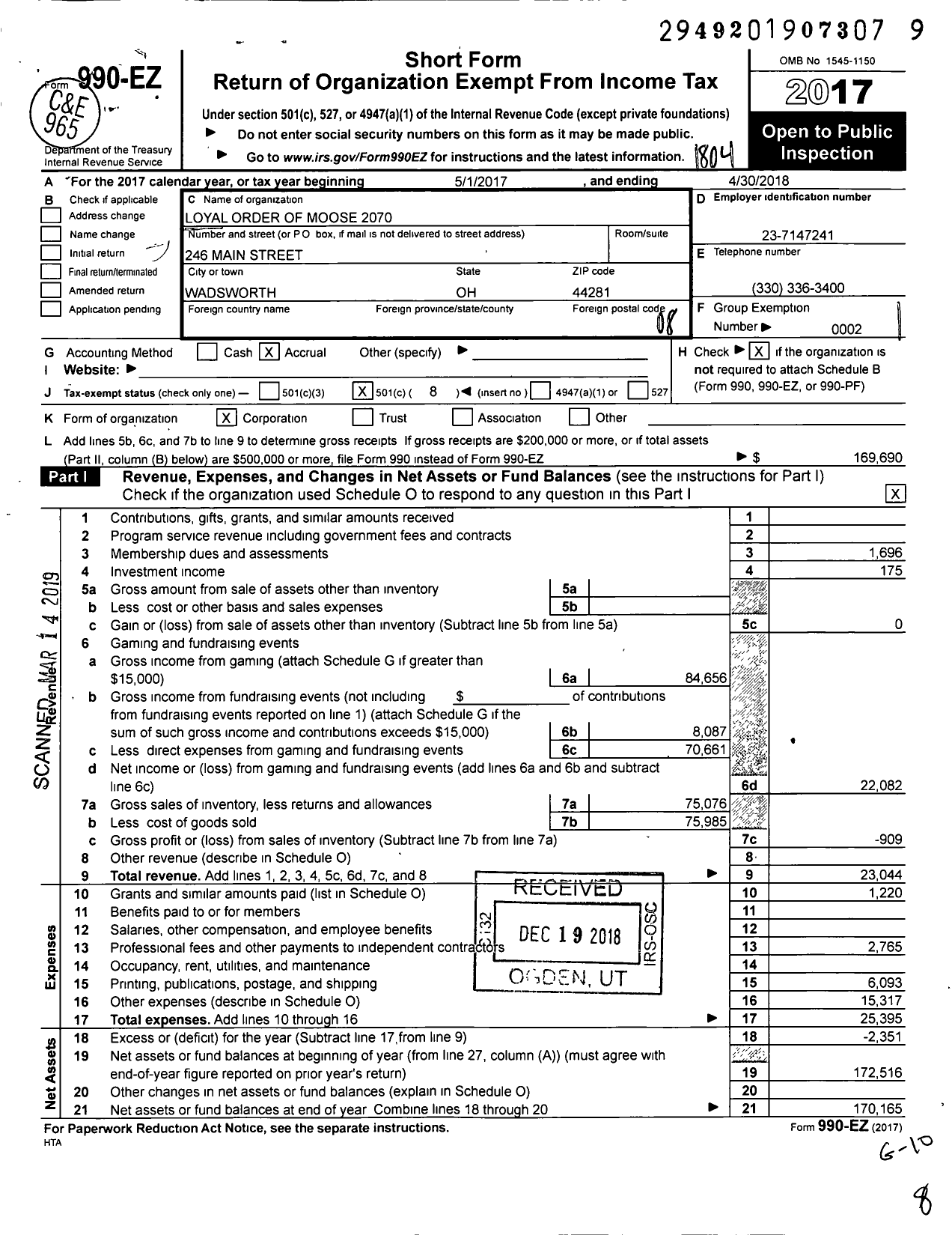 Image of first page of 2017 Form 990EO for Loyal Order of Moose - 2070